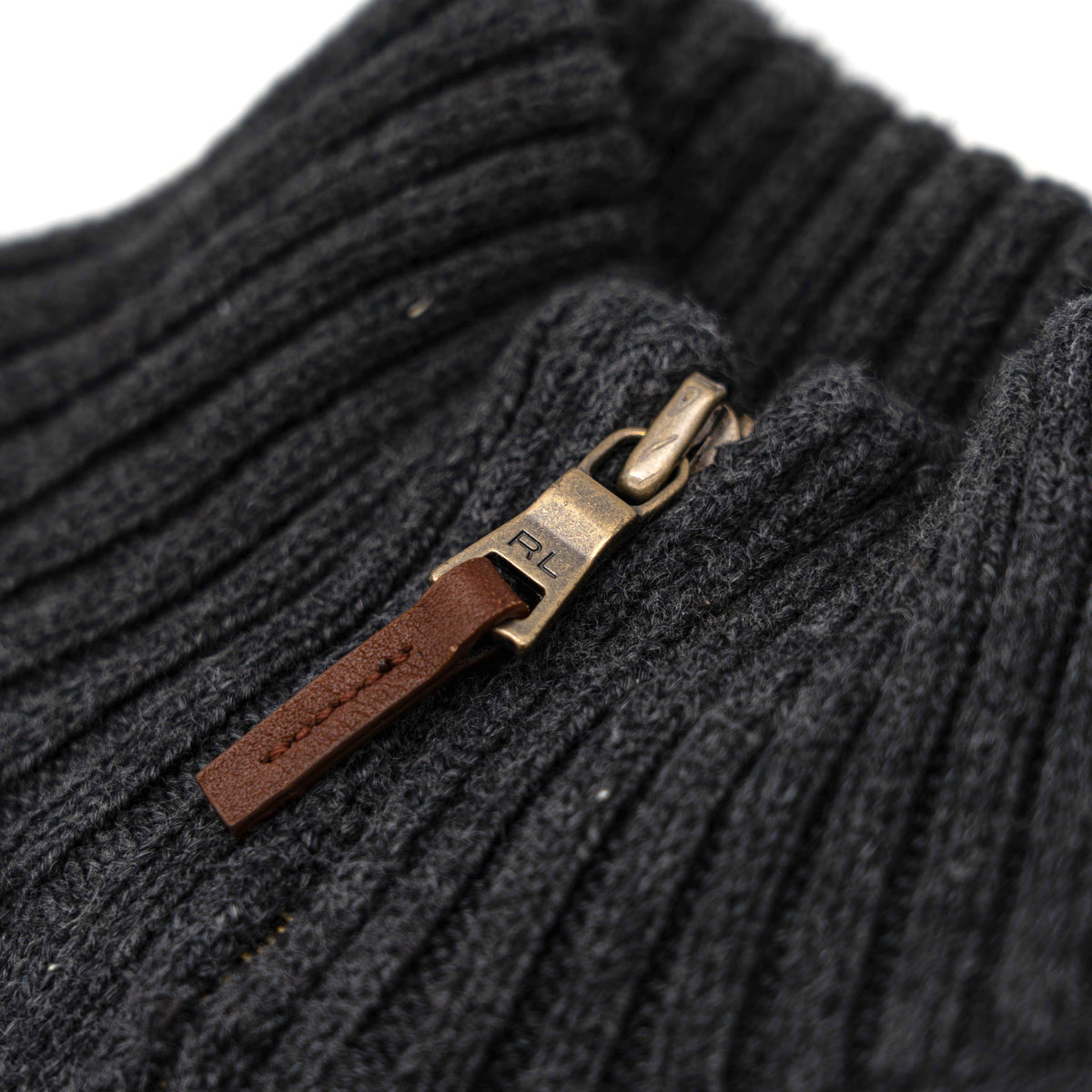 Dark grey Polo Ralph Lauren quarter zip mockneck pullover sweater with ribbed collar and green pony logo.