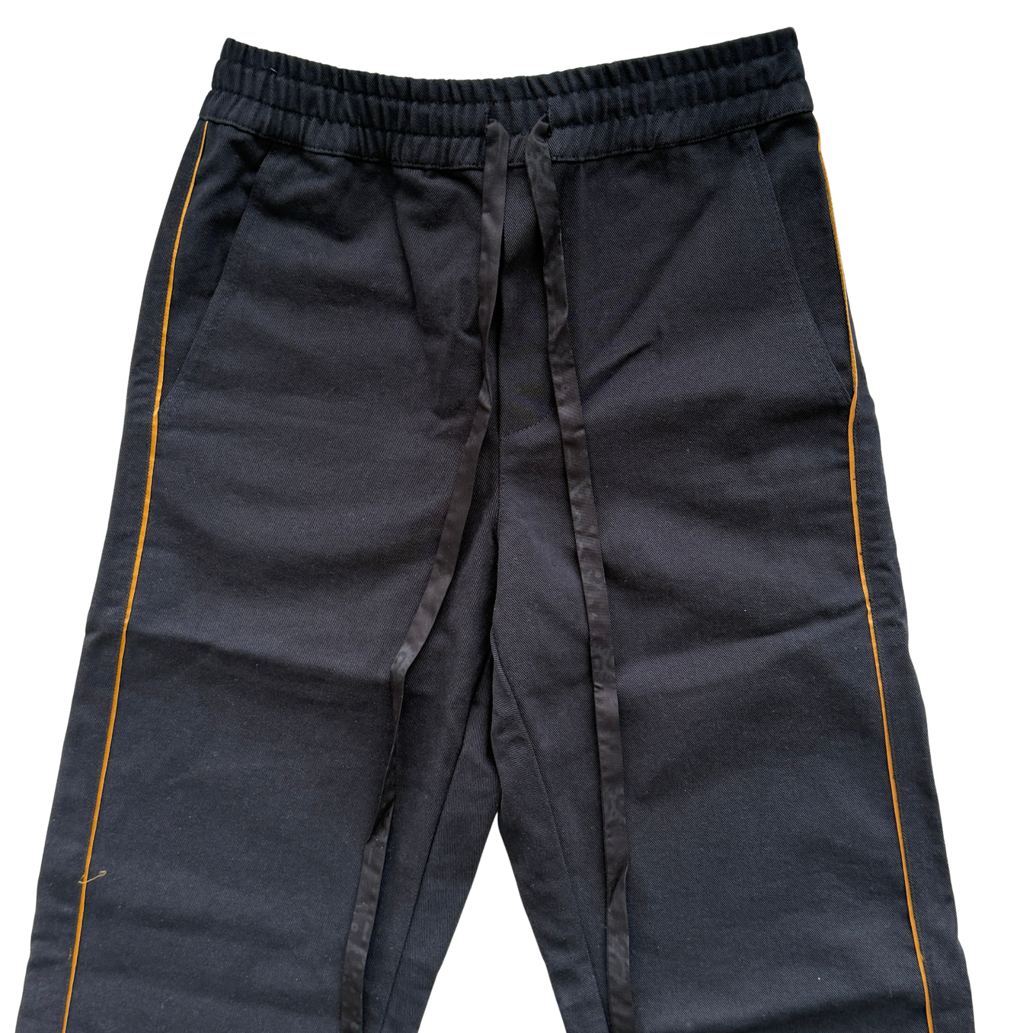 Rhude Piped Twill Pant in black cotton twill with ochre piping and a relaxed drawstring waist.
