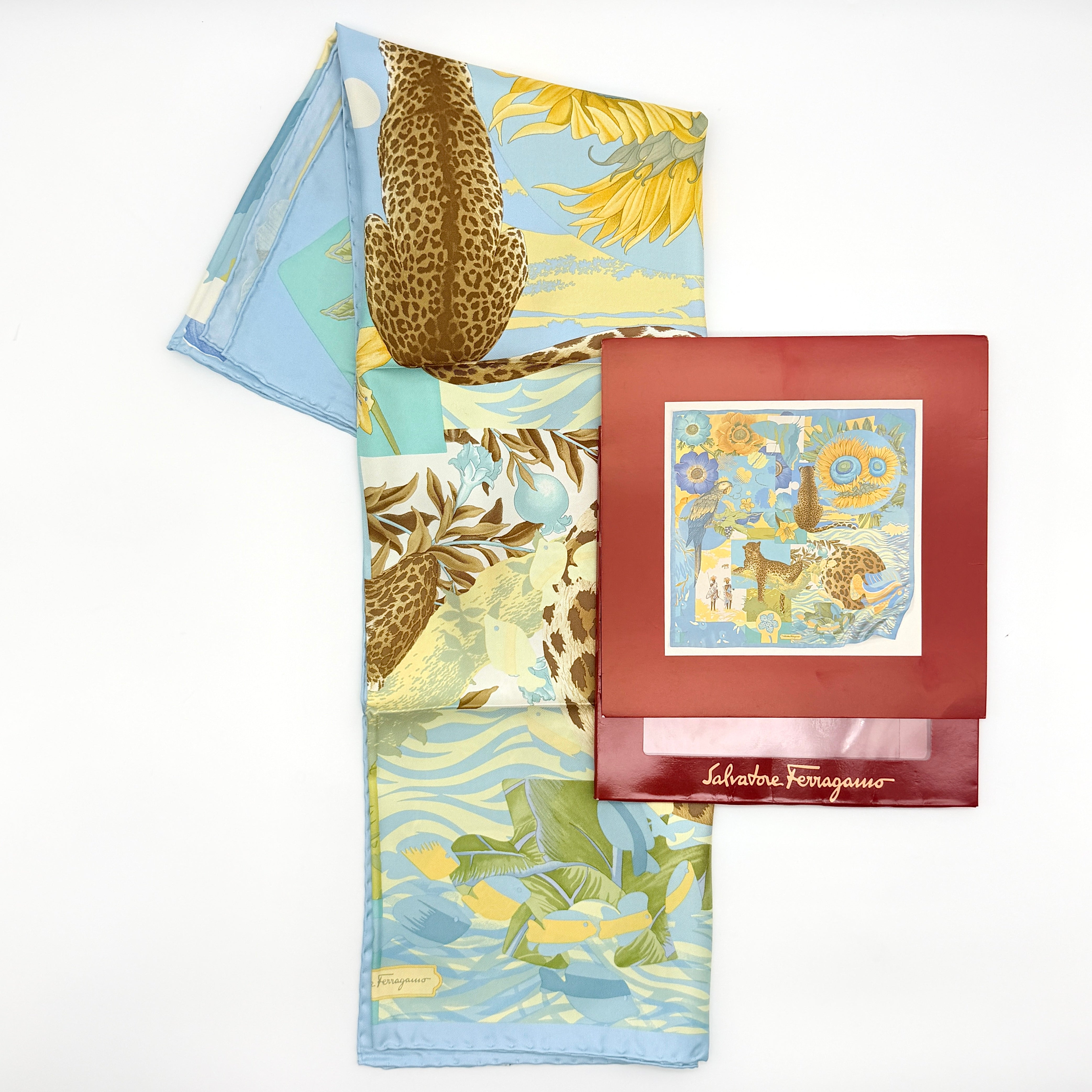 Salvatore Ferragamo Jungle Print Silk Scarf Blue
