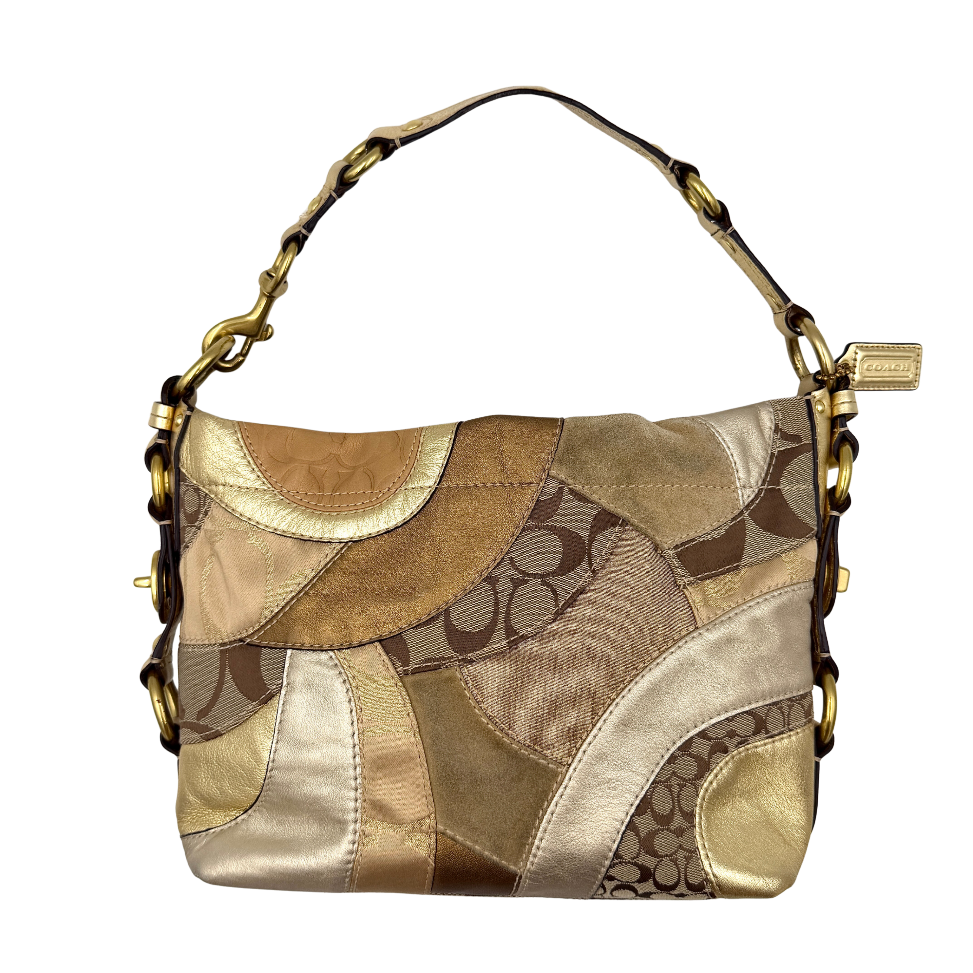 Coach Carly Patchwork Shoulder Bag in a blend of metallic gold, beige, and signature jacquard with gold hardware and a curved chain-link strap.