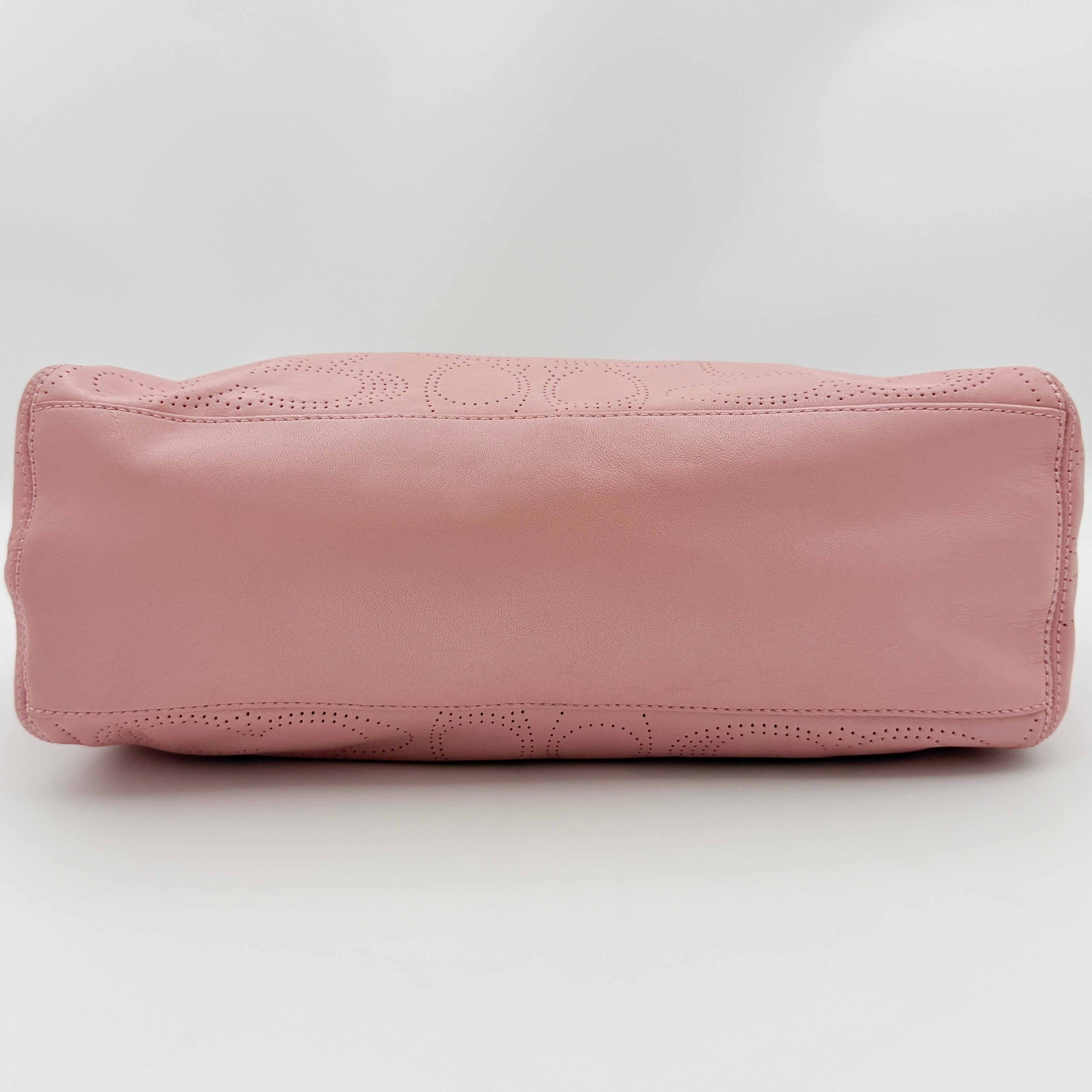 Coach 2Way Perforated Shoulder Bag in soft pink leather with silver hardware and detachable strap, displayed on a white background.