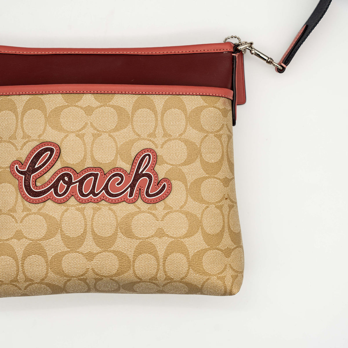 Coach Signature Script File Crossbody Bag Beige/Burgundy