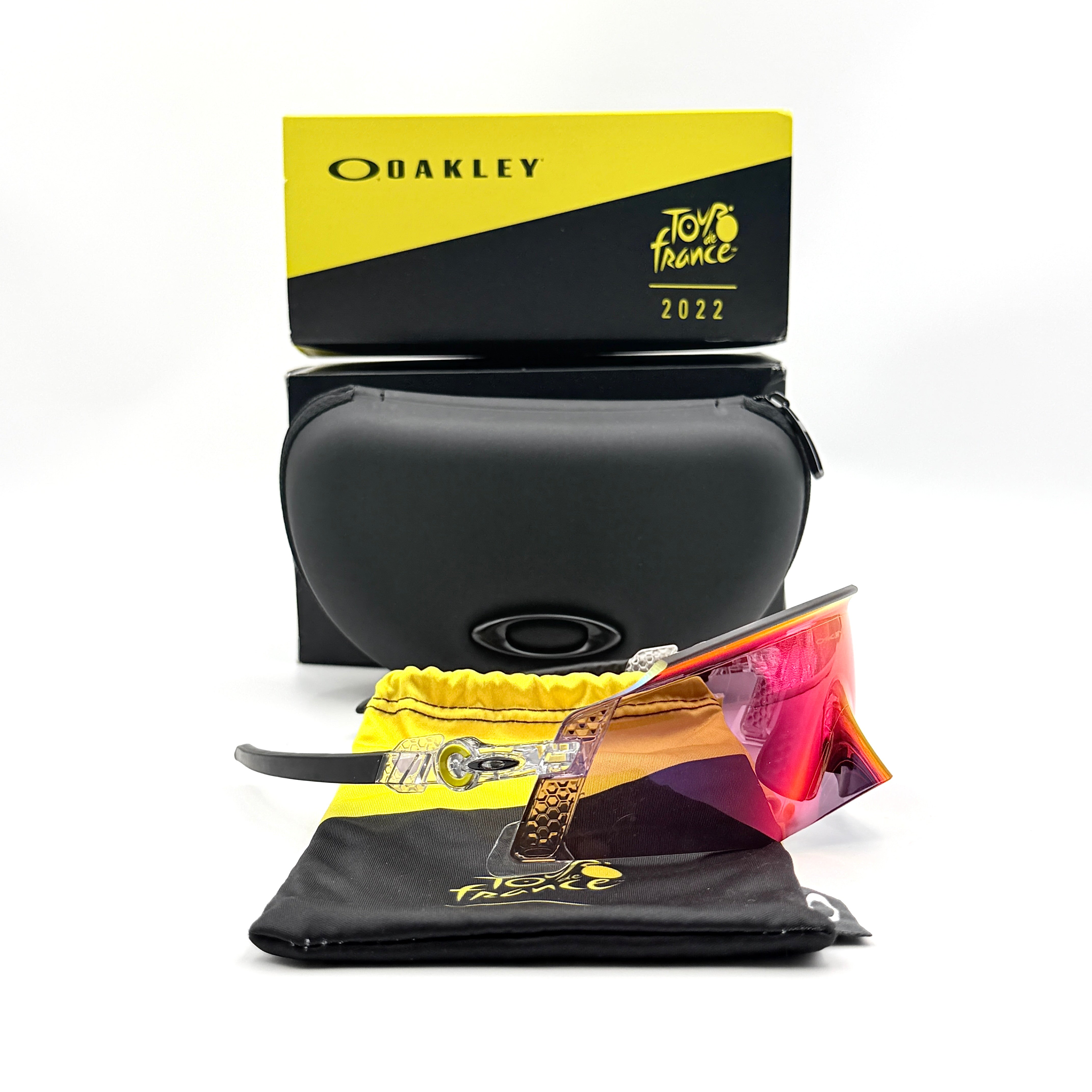 Oakley Kato Tour de France 2022 sunglasses with clear frame and Prizm Road lens, Tour de France yellow accents.
