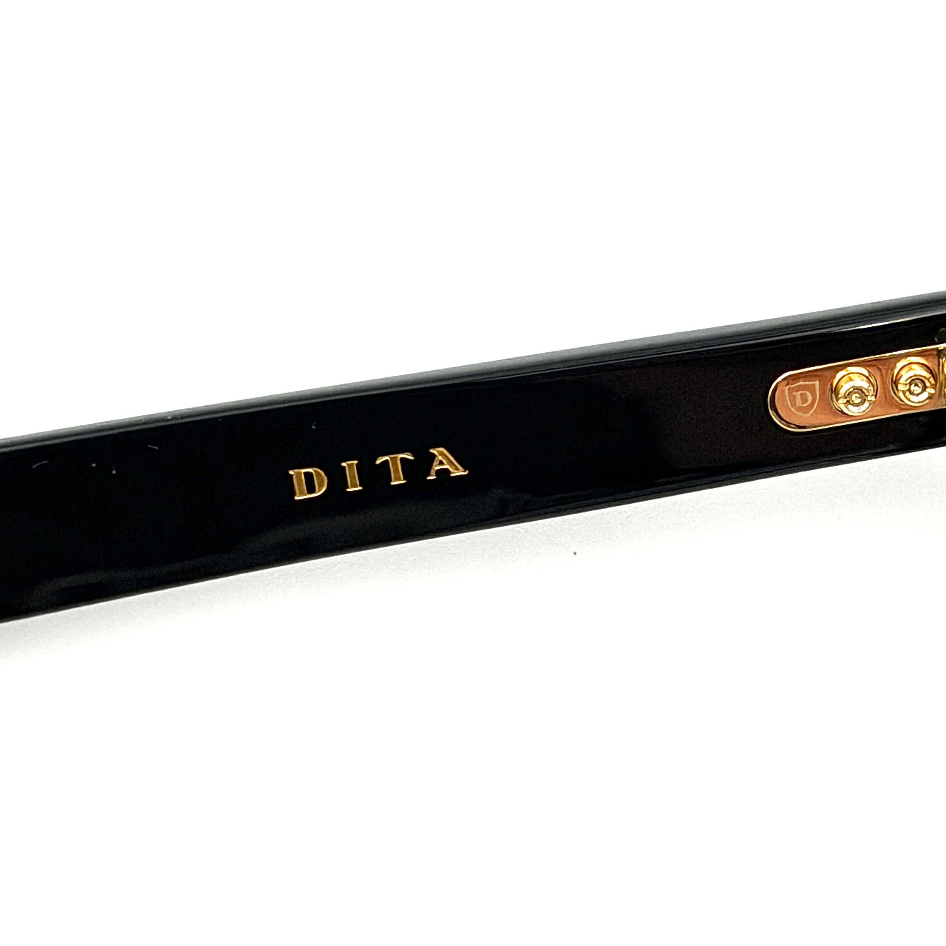 DITA Sequoia DRX-2086 black square-frame sunglasses with gold-tone accents and branded case.