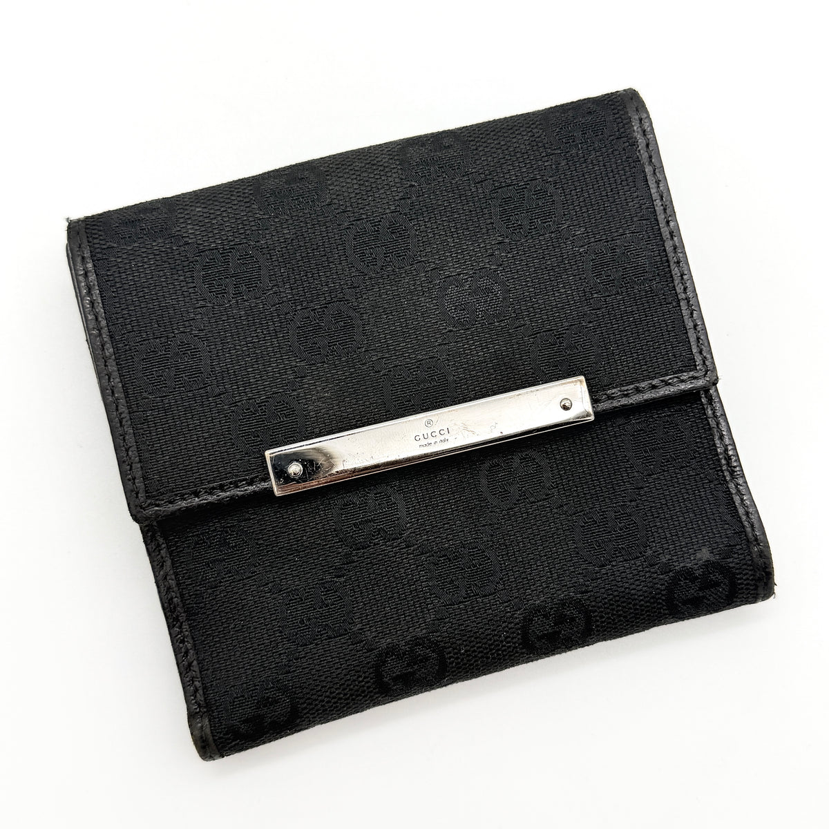 Gucci black GG Monogram French Flap Wallet with silver-tone bar hardware and original box.