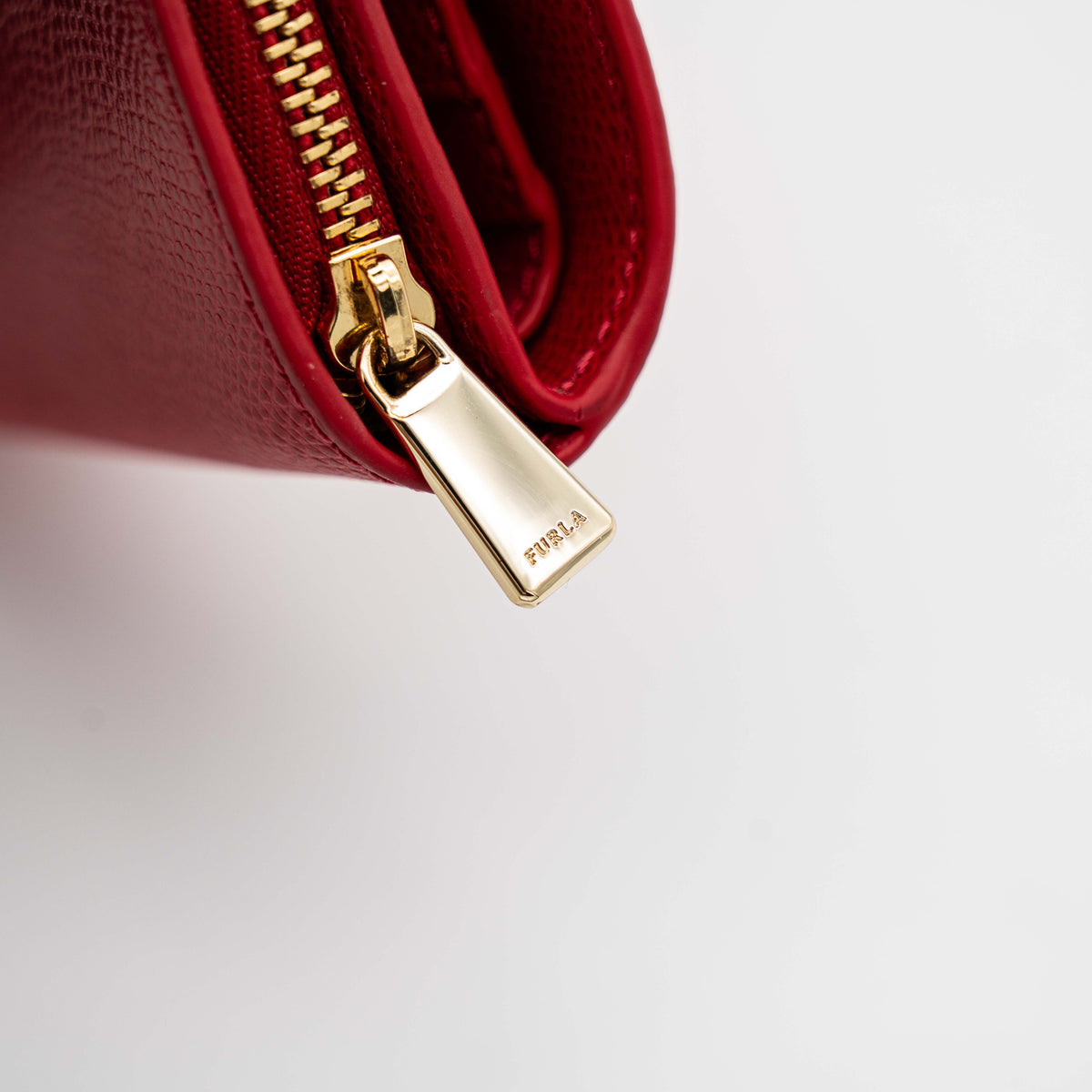 Furla Metropolis Compact Wallet in red leather with gold hardware, shown with original box, dust bag, and cards.