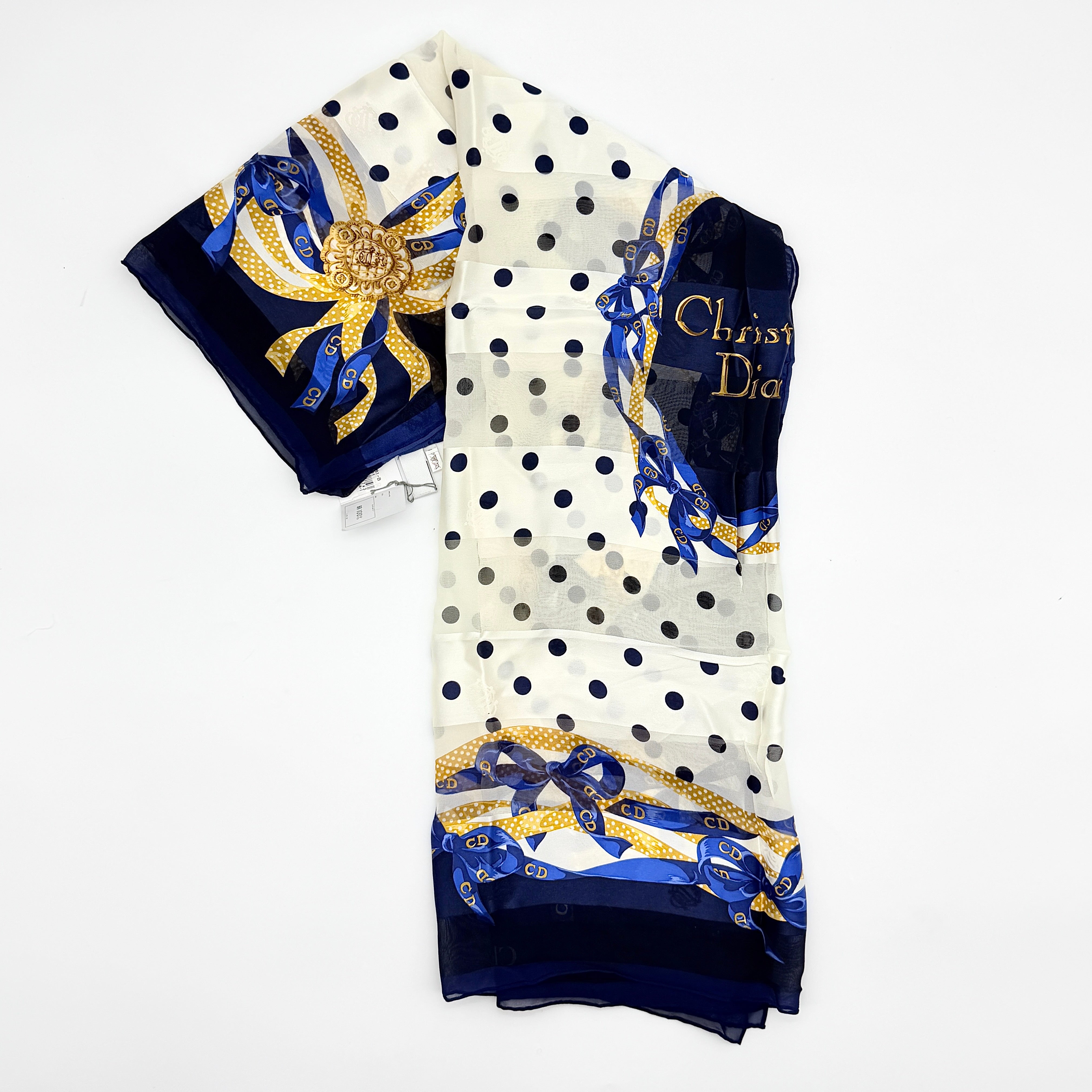 Dior Polka Dot Ribbon Silk Scarf Navy Blue