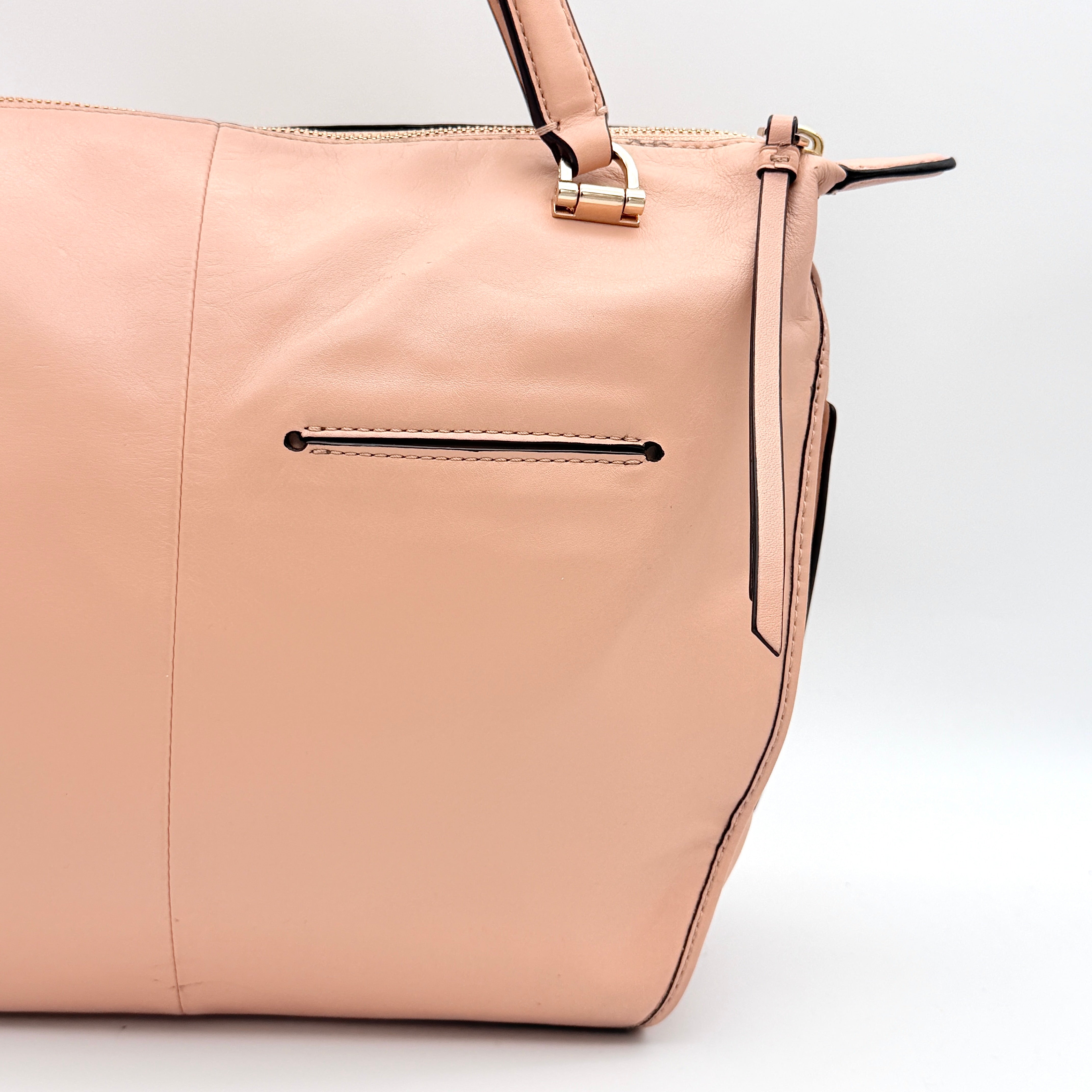 Coach Madison Smythe Satchel in blush pink leather with gold-tone hardware and detachable strap.
