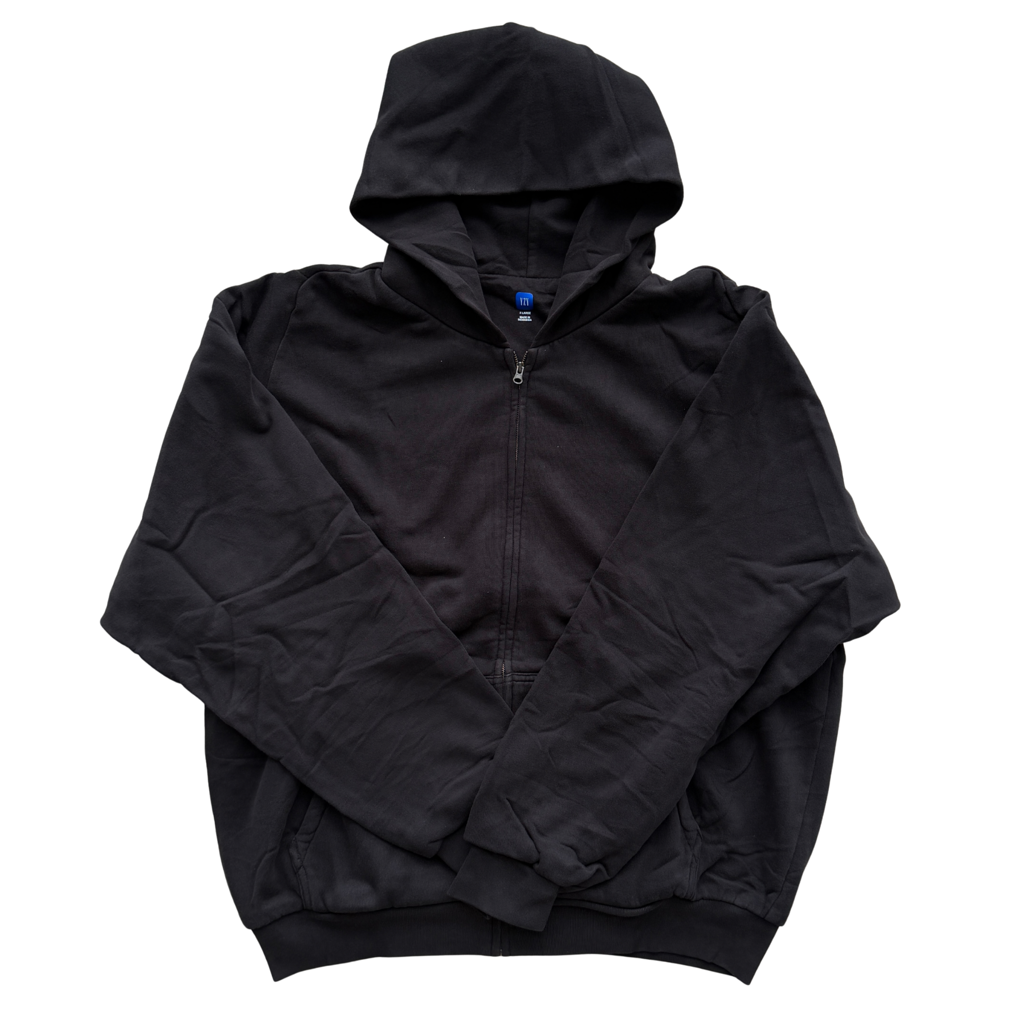 Yeezy x Gap black XL zip up hoodie with hood and front pocket, laid flat showing entire front.
