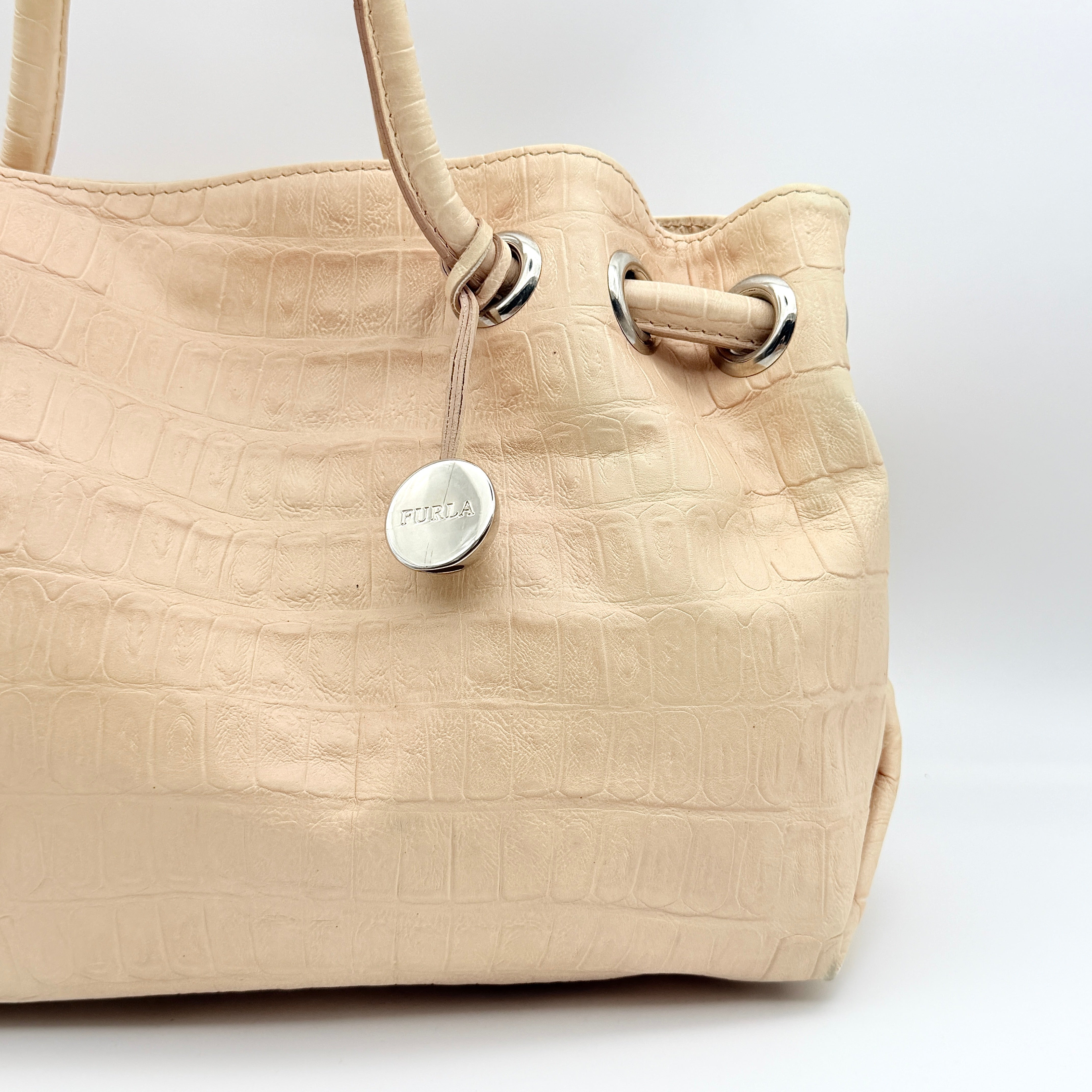 Furla Croc Embossed Leather Handbag Beige