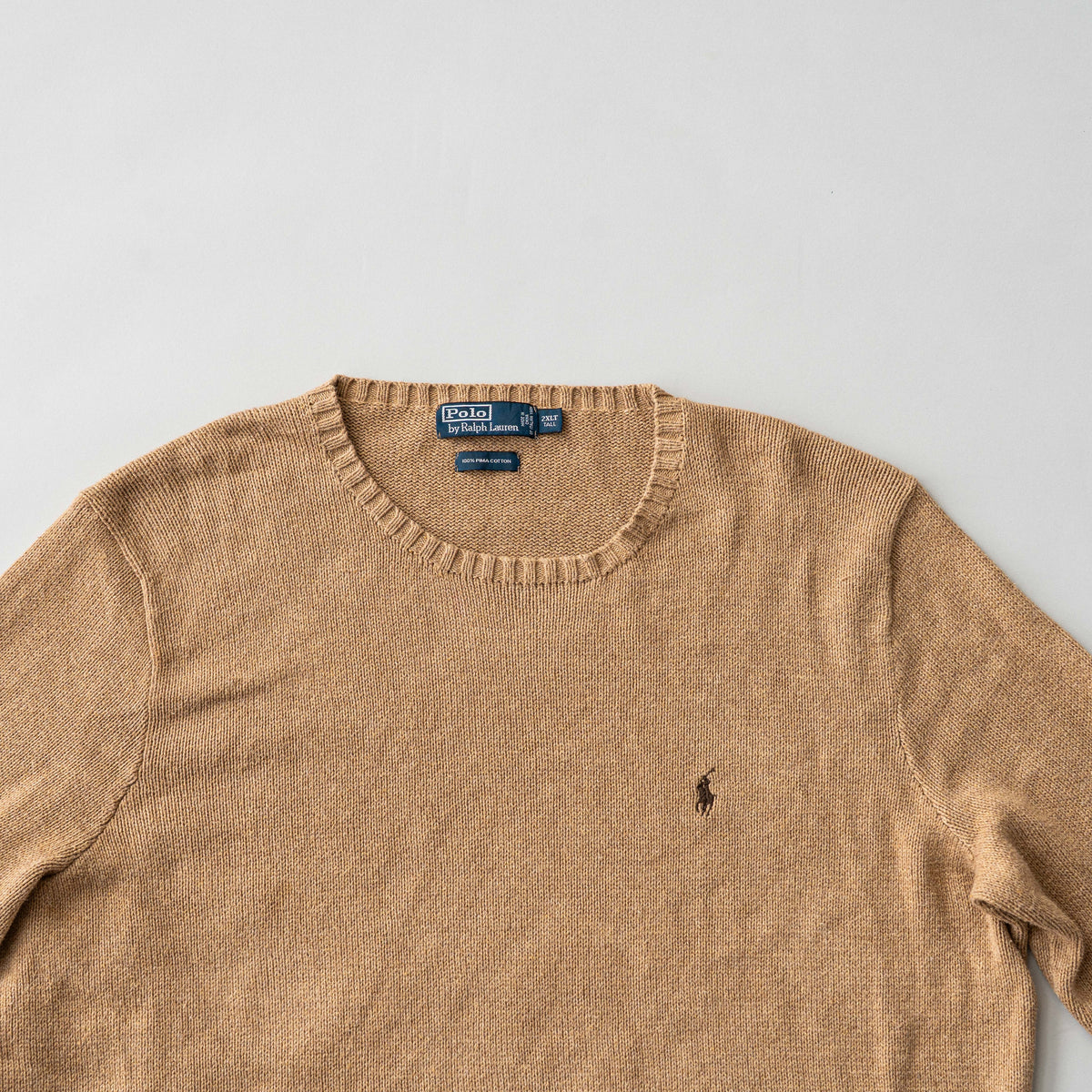 Polo Ralph Lauren brown Pima cotton knit crewneck sweater with embroidered pony logo, displayed flat.