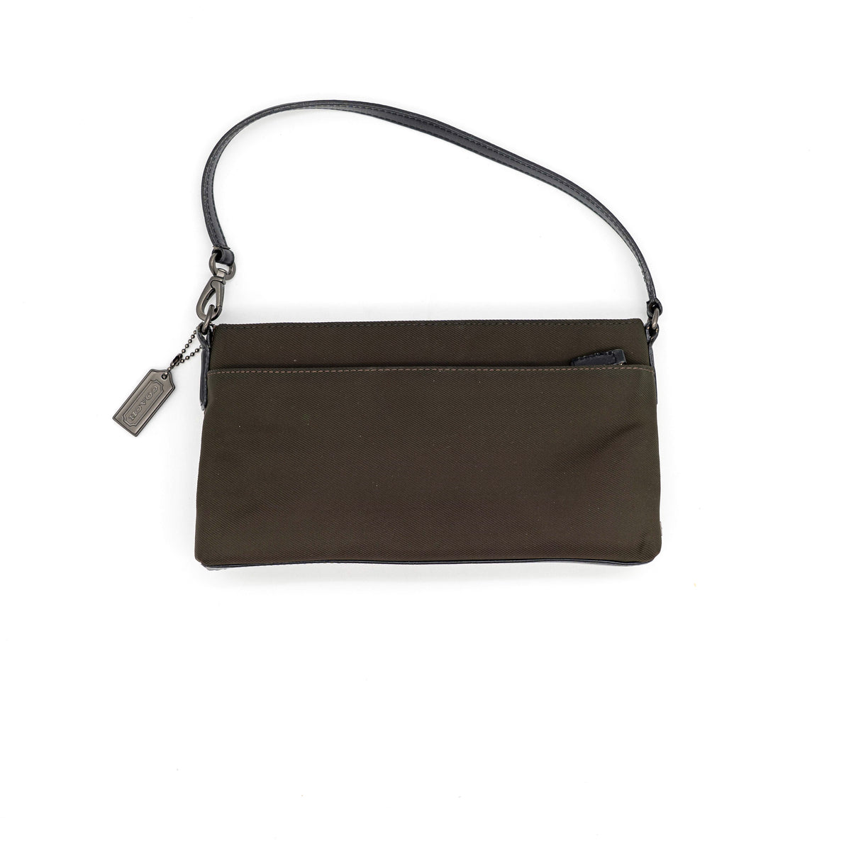 Coach Mercer Demi Tote Bag in brown nylon with black leather trim and gunmetal hardware, shown with signature Coach tag.
