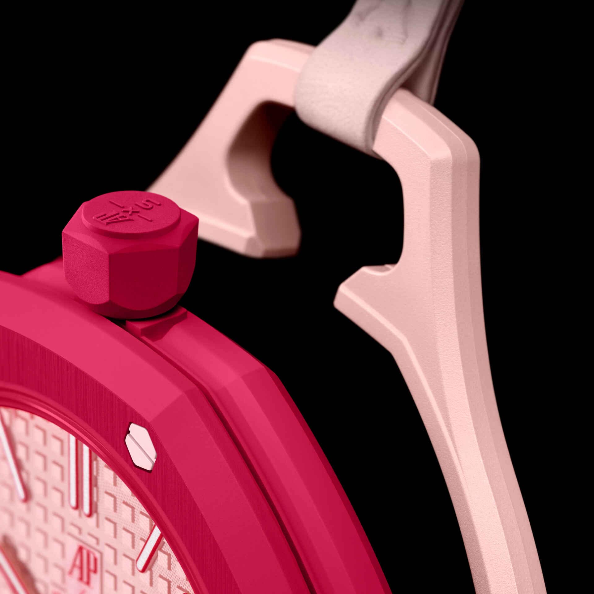 Swatch x Audemars Piguet Royal Pop Otto Rosso pendant watch in pink and red on a soft pink strap, featuring graphic dial details.