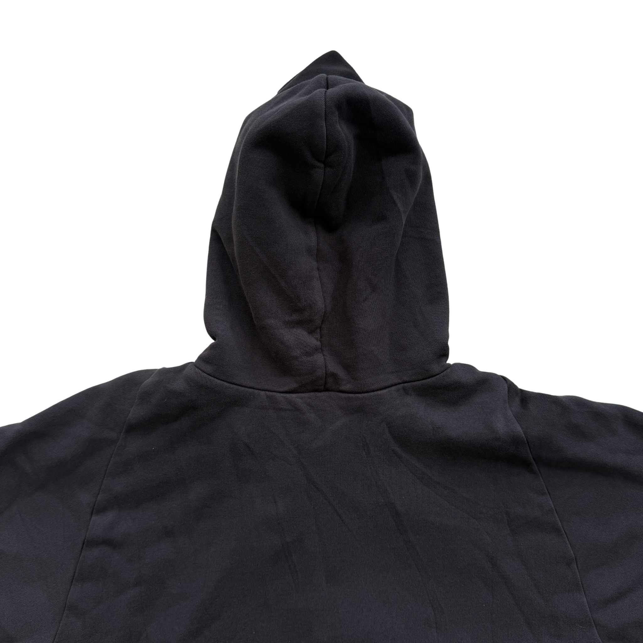 Yeezy x Gap black zip up hoodie with hood, displayed flat to show front and pocket details.