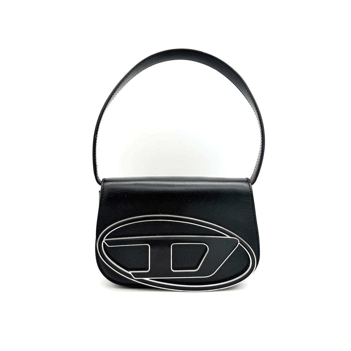 Diesel 1DR Shoulder Bag in black leather with a bold silver and black D logo plaque on the front flap.