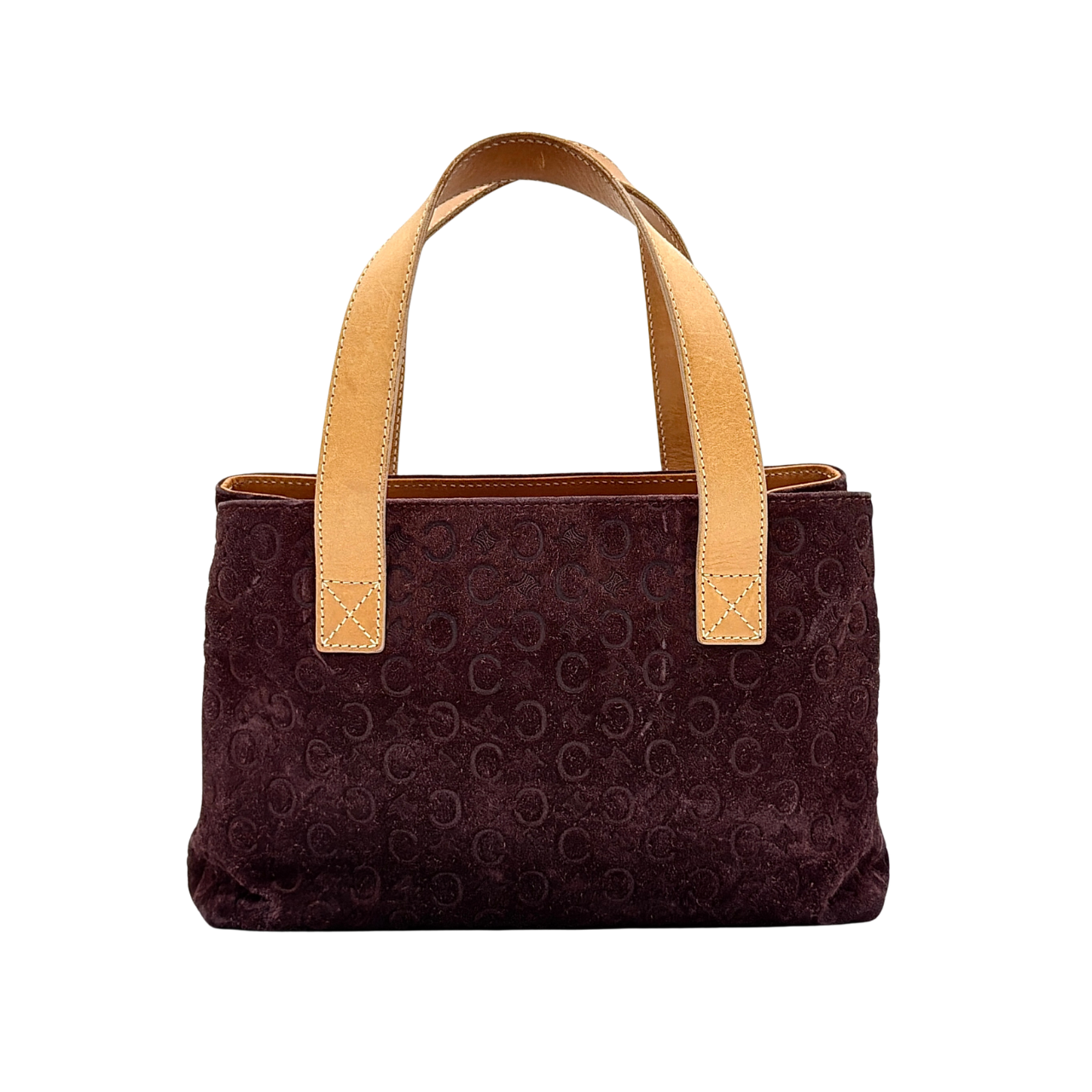 Celine C Macadam Shoulder Bag in rich brown embossed suede with tan leather handles, showcased against a plain background.