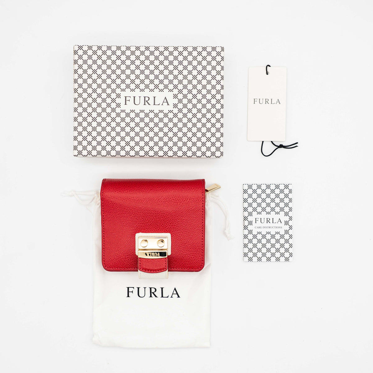 Furla Metropolis Compact Wallet in red leather with gold hardware, shown with original box, dust bag, and cards.