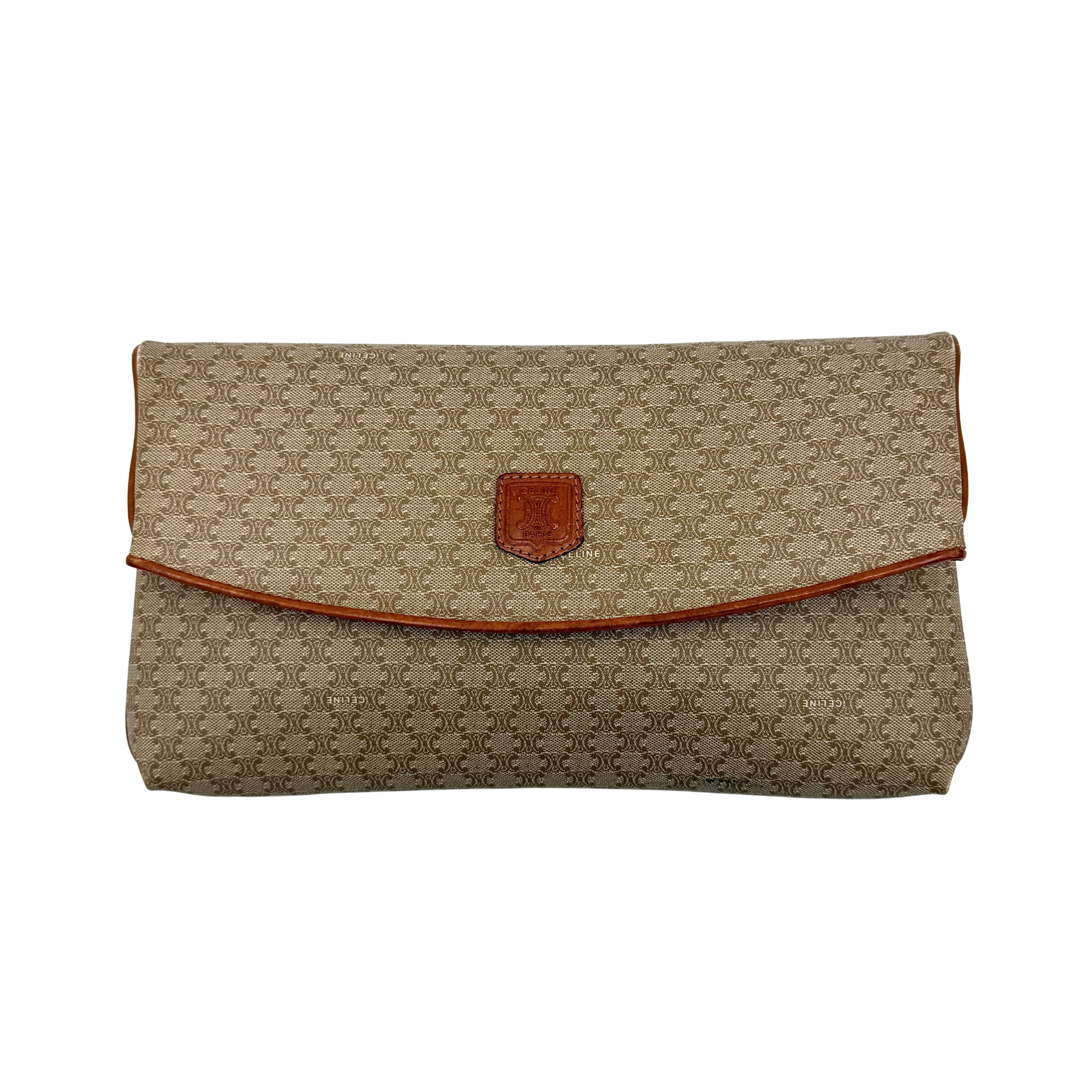 The Celine Macadam Clutch Bag in beige, featuring the iconic monogram canvas and tan leather trim, shown neatly closed with its signature emblem on the flap.