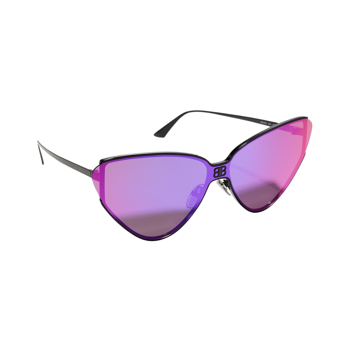Balenciaga Black Cat-Eye Sunglasses with gradient purple-pink lenses, black metal frame, and signature BB logo on nose bridge