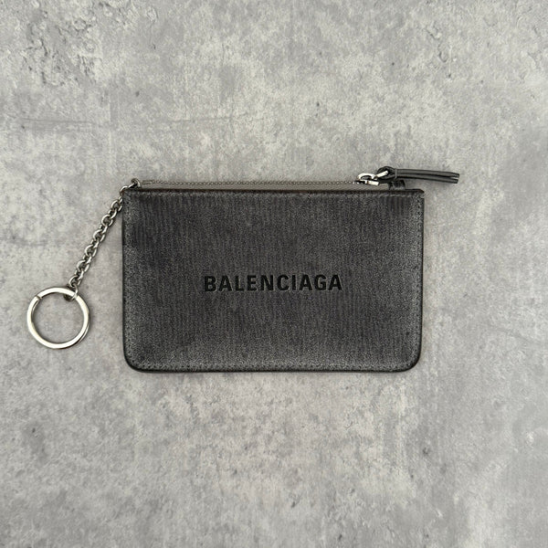 Balenciaga Graphic Print Silver Wallet, metallic silver leather with bold black logo and zip closure with keyring chain.