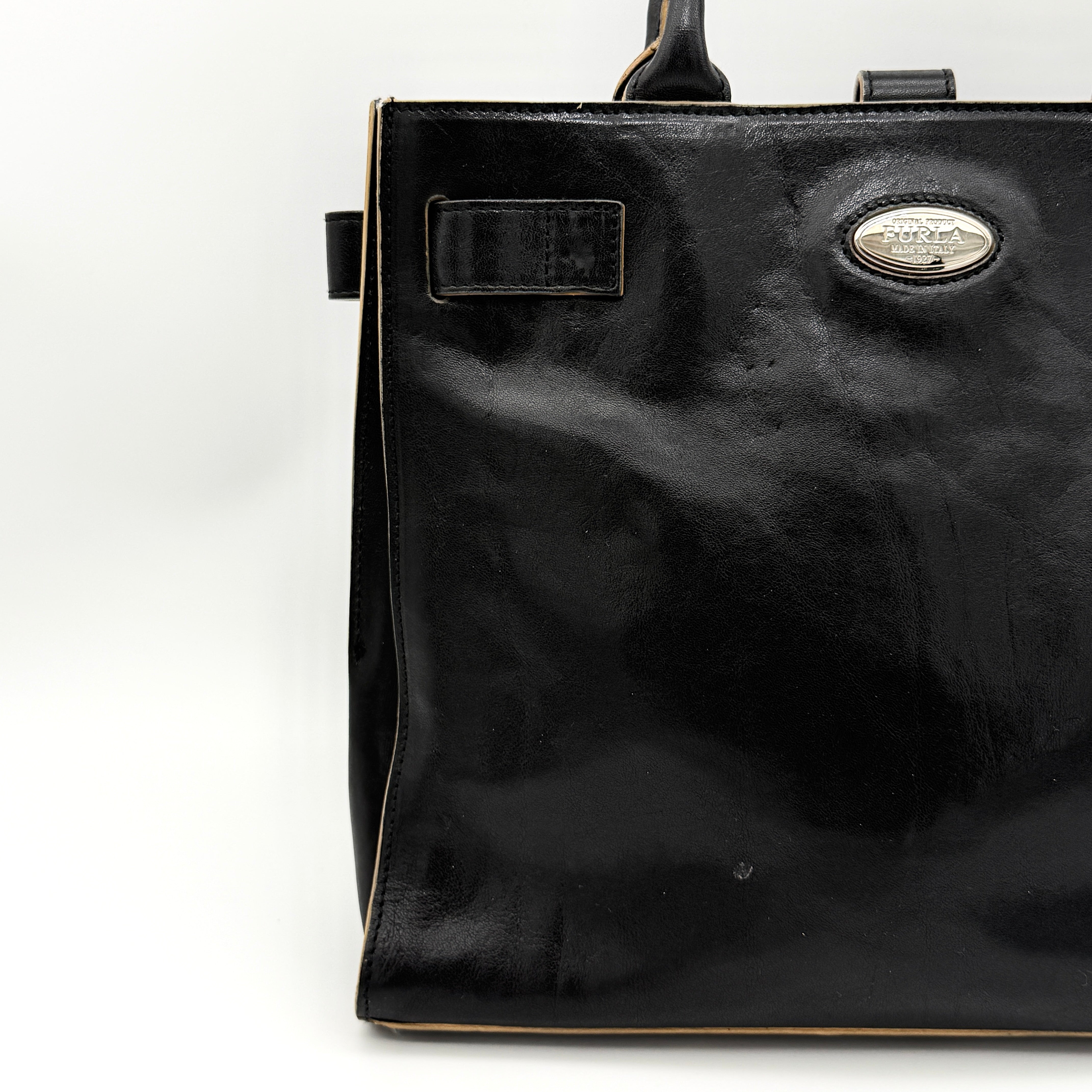 Furla Logo Plaque Leather Tote Bag Black