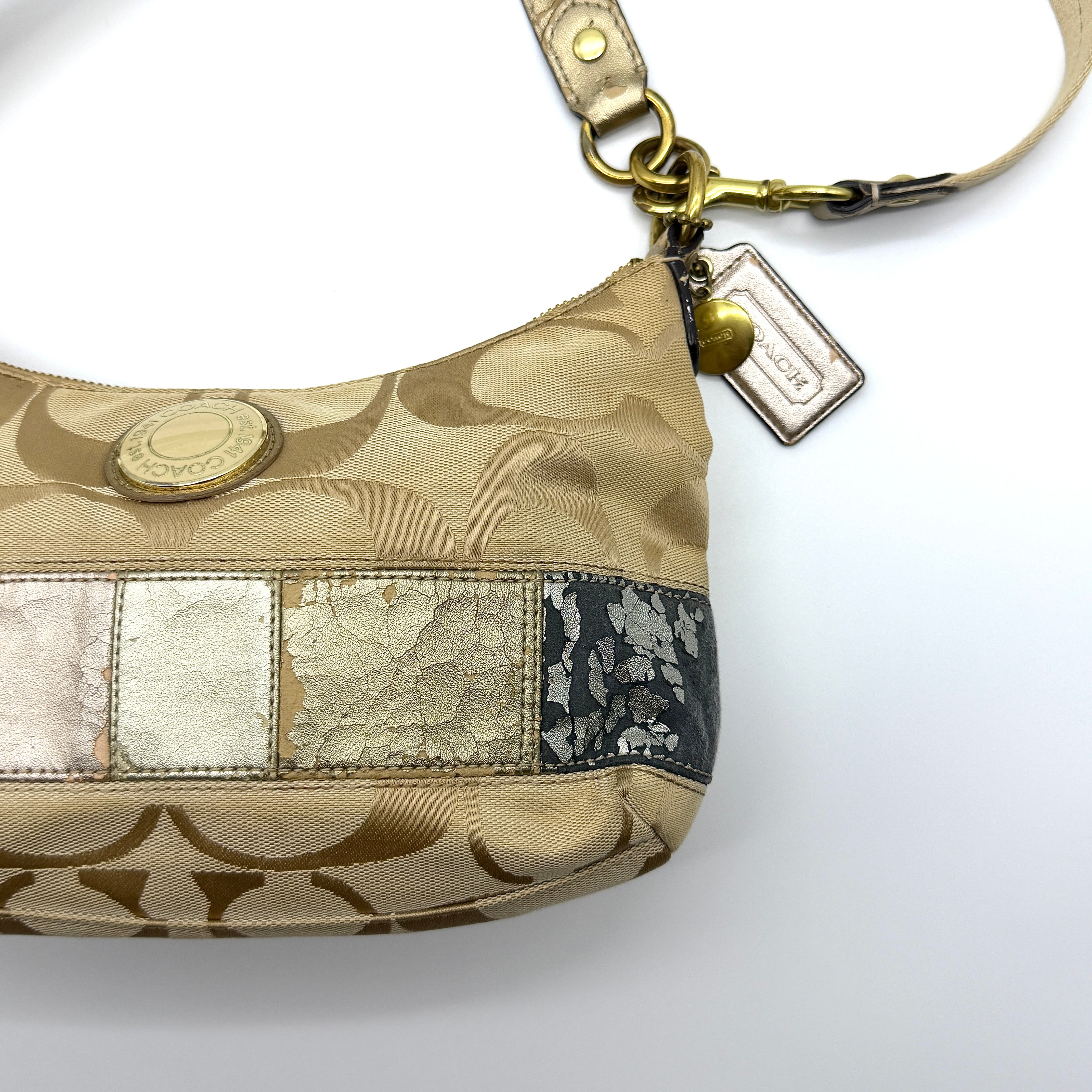 Coach 2Way Signature Metallic Strip Shoulder Bag Multicolor