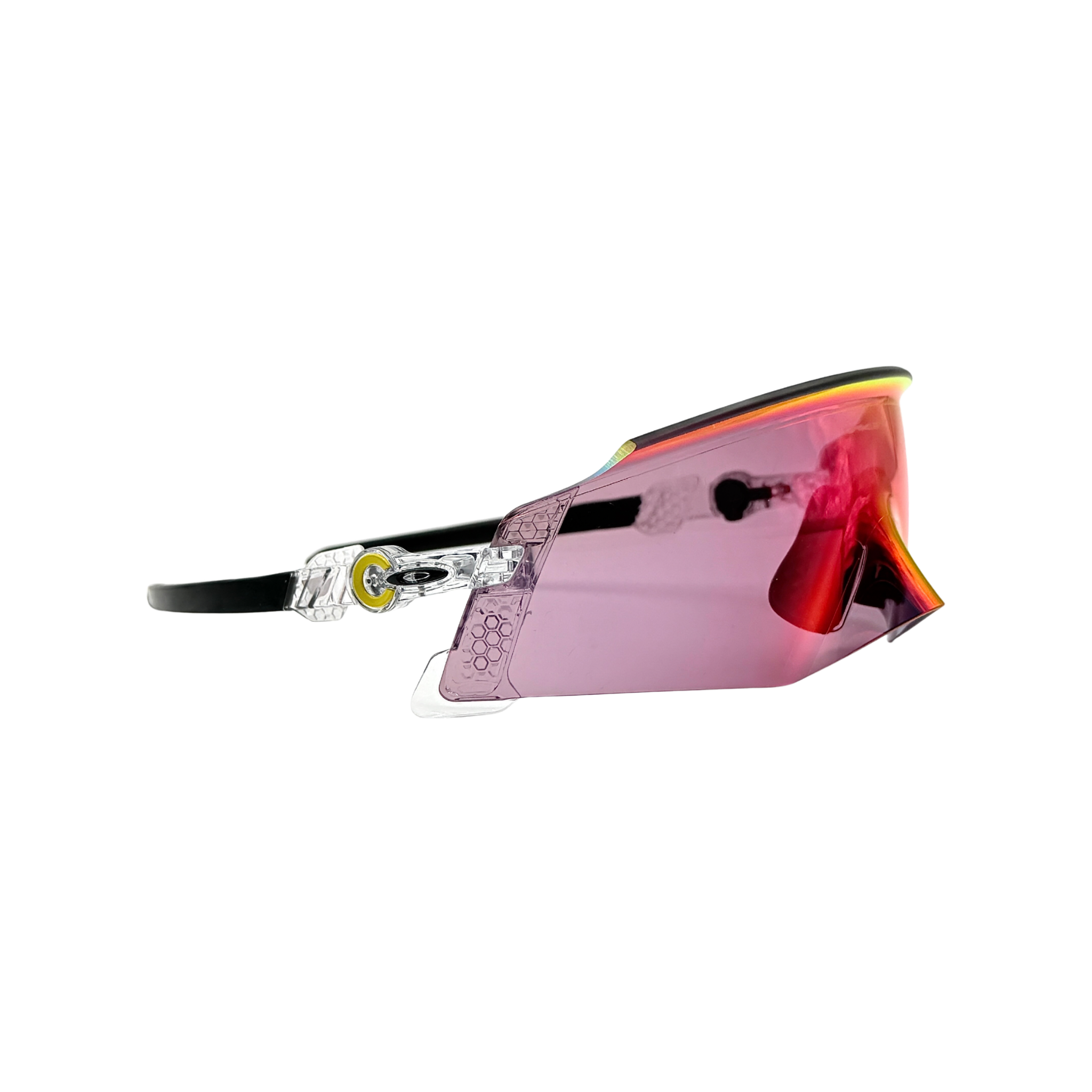 Oakley Kato Tour de France 2022 sunglasses with clear frame and Prizm Road lens, Tour de France yellow accents.