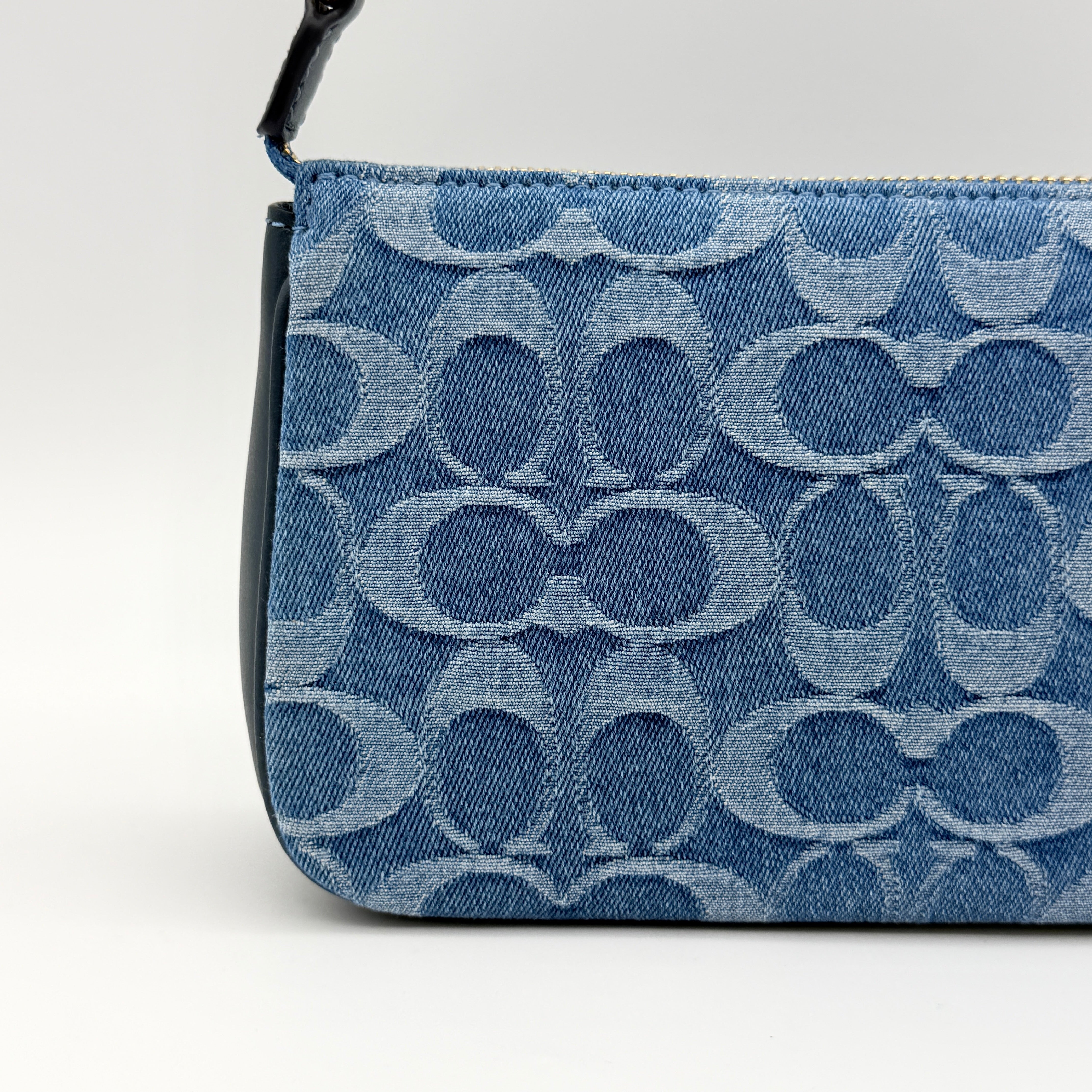 Coach Nolita 19 shoulder bag in blue denim jacquard with monogram print and gold hardware, shown with original packaging.