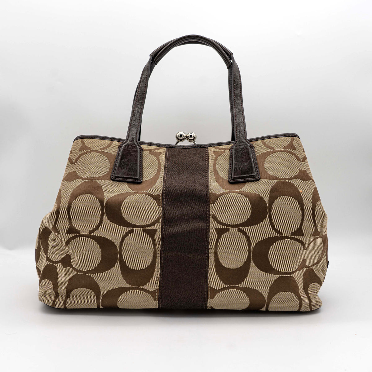 Coach Signature Stripe Frame Kisslock Shoulder Bag in beige and brown canvas with leather trim and signature monogram pattern.