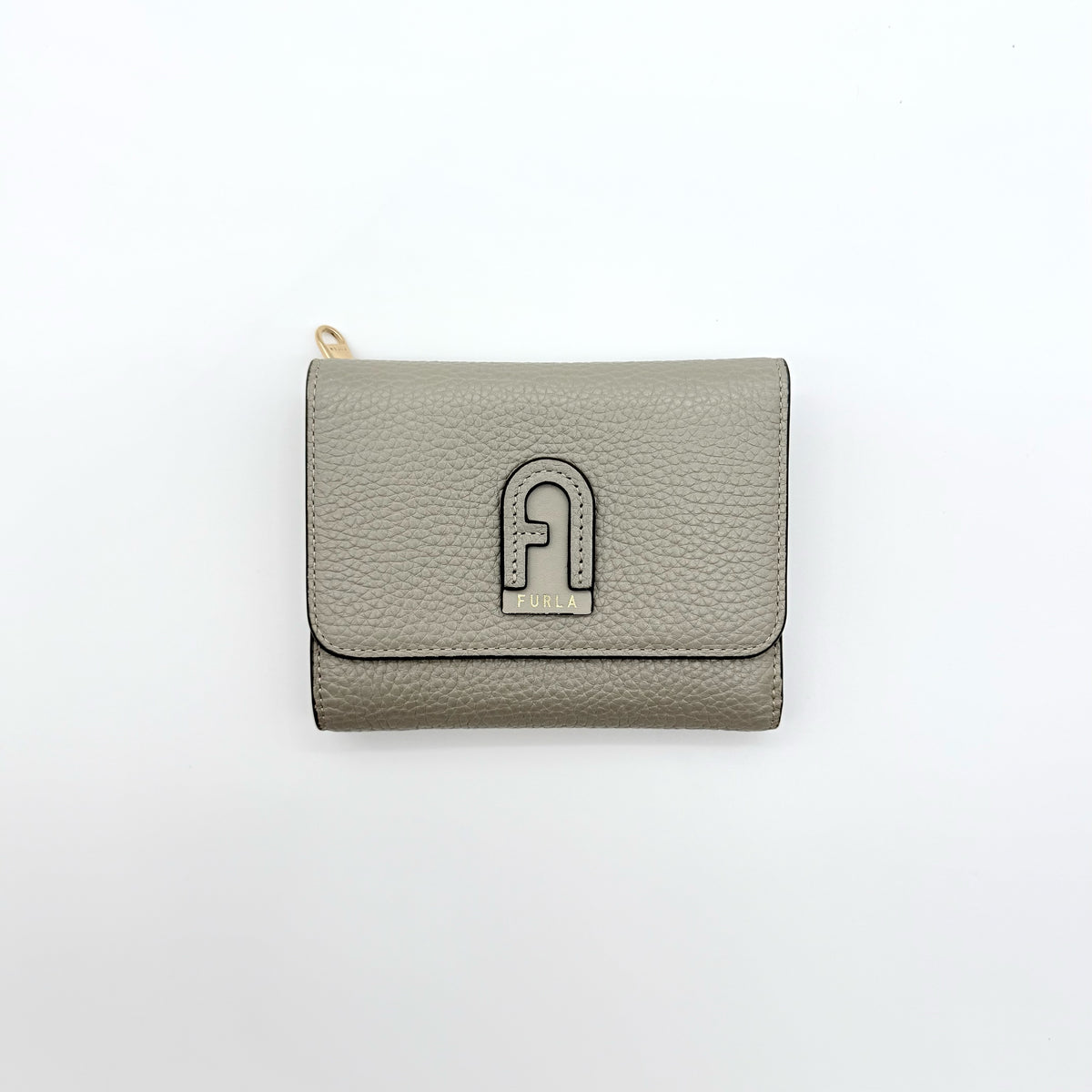 Furla Dafne Trifold Wallet in grey pebbled leather with gold-tone hardware and trifold interior, shown with original dust bag.