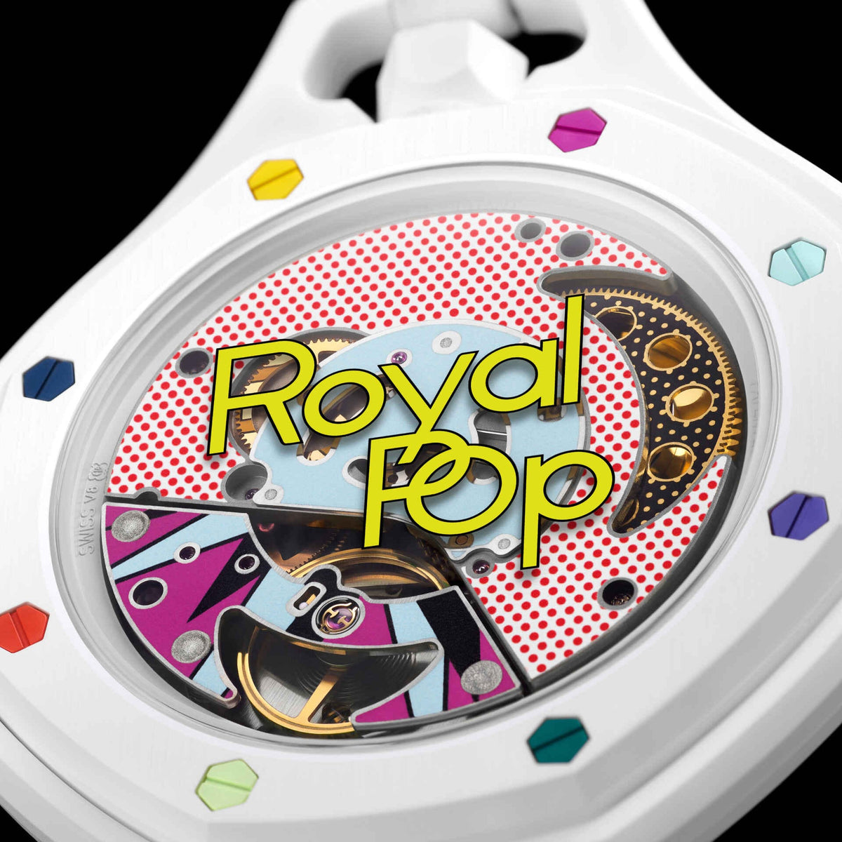 Swatch x Audemars Piguet Royal Pop Huit Blanc in white with colourful details, shown on a long strap with unique dial design.