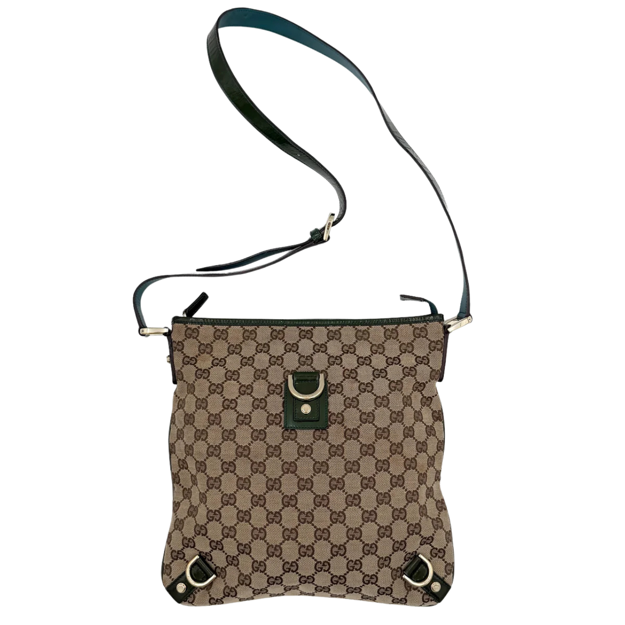 Gucci GG Monogram Abbey D Ring Crossbody Bag in beige canvas with green leather trim and gold-tone hardware, featuring an adjustable green strap.