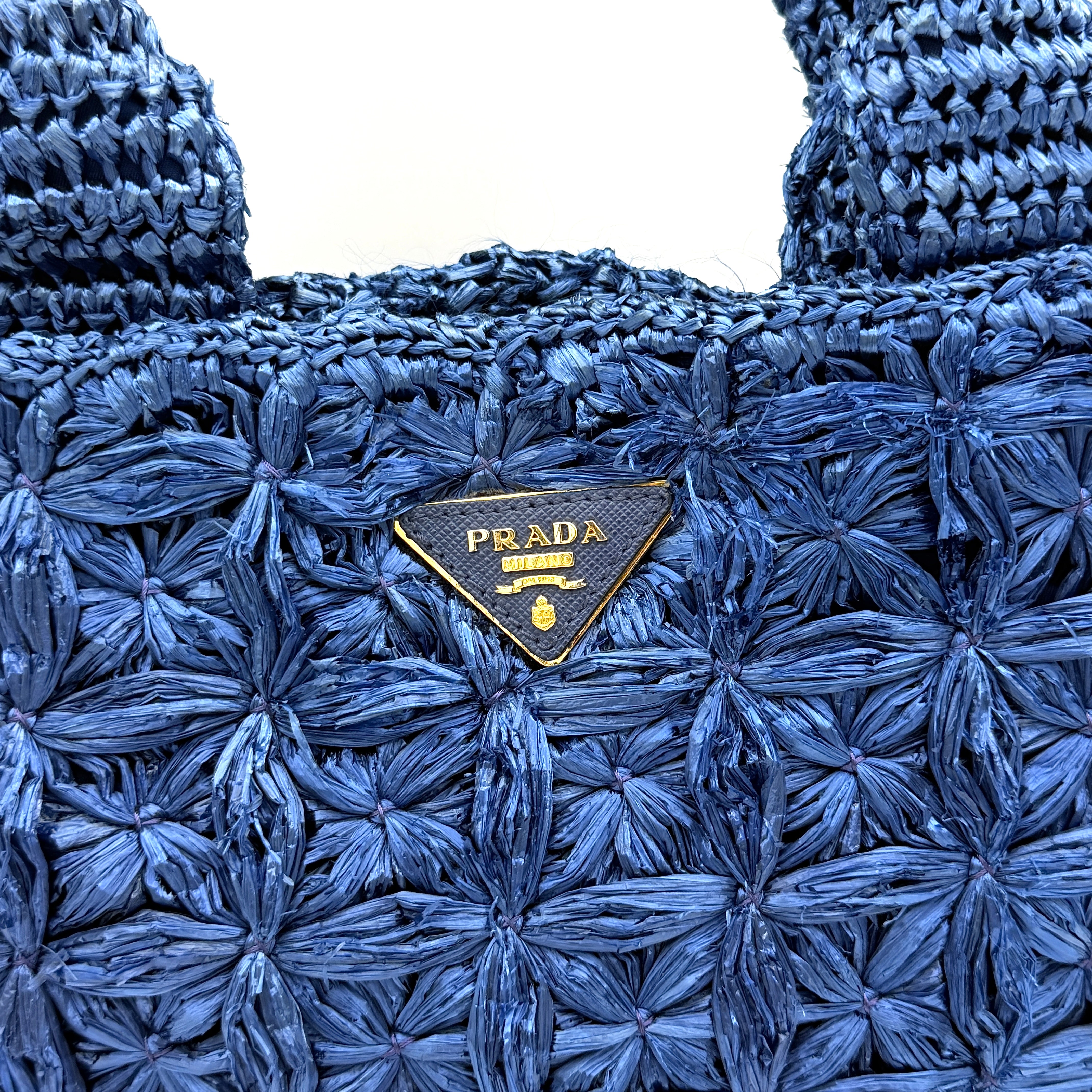 Prada Canapa Crochet Raffia Tote Bag Blue
