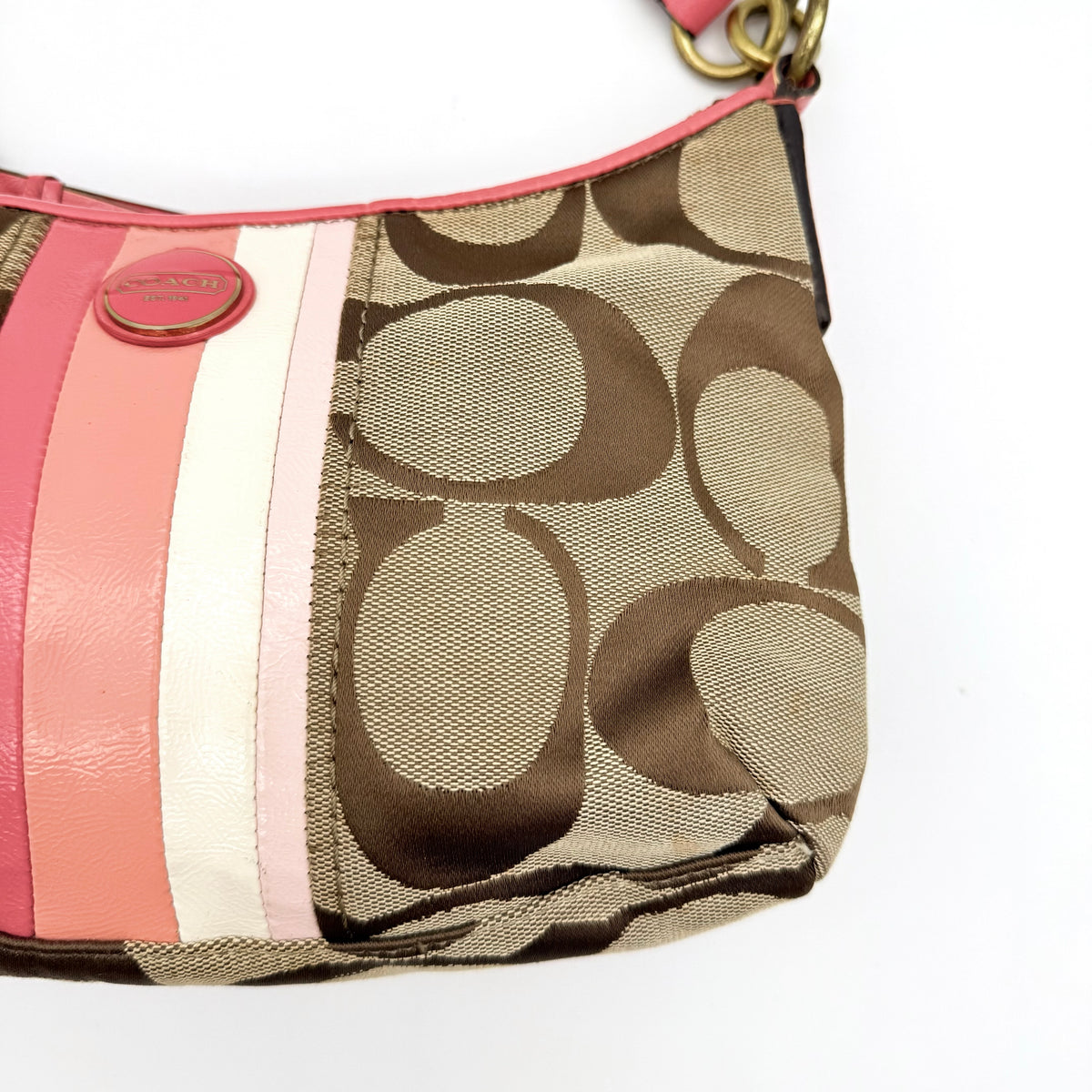 Coach 2Way Signature Stripe Shoulder Bag Beige/Pink