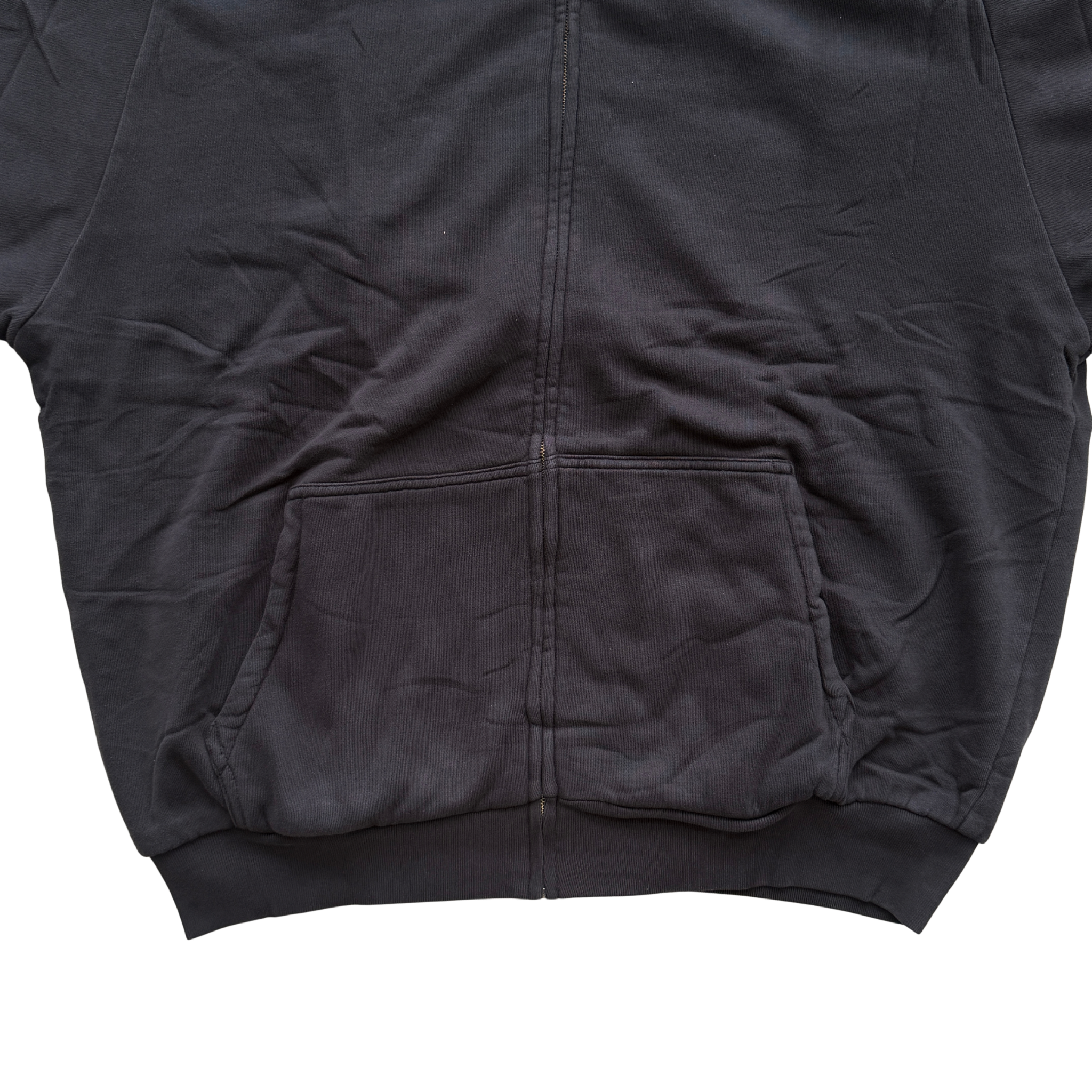 Yeezy x Gap black XL zip up hoodie with hood and front pocket, laid flat showing entire front.