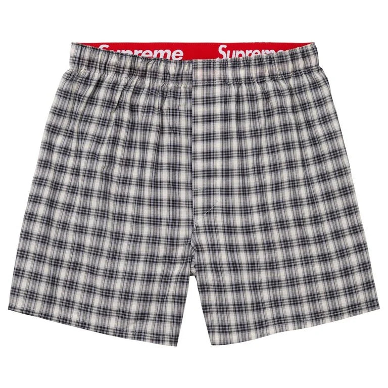 Supreme x Hanes multicolour plaid boxers 4 pack with original packaging, shown in four colours and iconic red Supreme waistband.