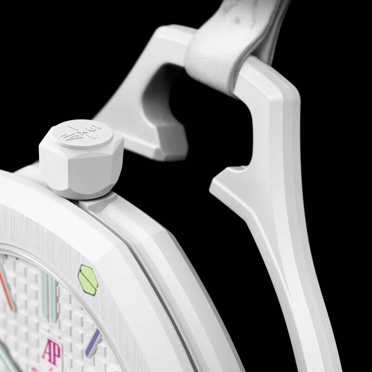 Swatch x Audemars Piguet Royal Pop Huit Blanc in white with colourful details, shown on a long strap with unique dial design.
