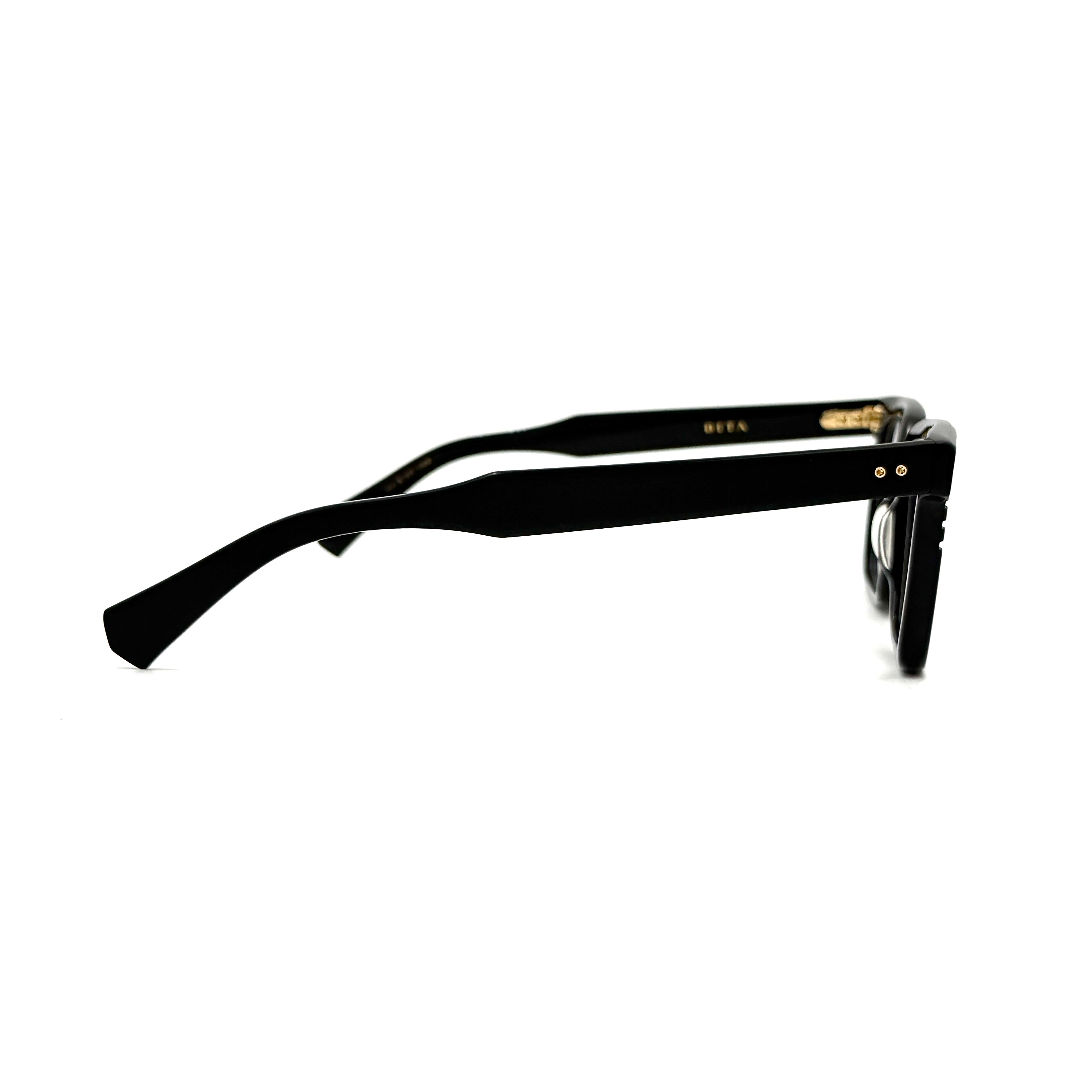 DITA Sequoia DRX-2086 black square-frame sunglasses with gold-tone accents and branded case.
