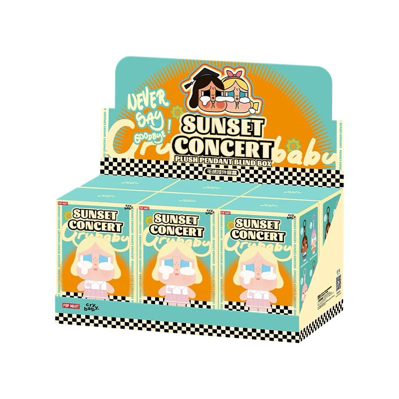 POP MART CRYBABY Sunset Concert Series plush keychain blind box, featuring soft pastel-colored emotional characters with tearful faces