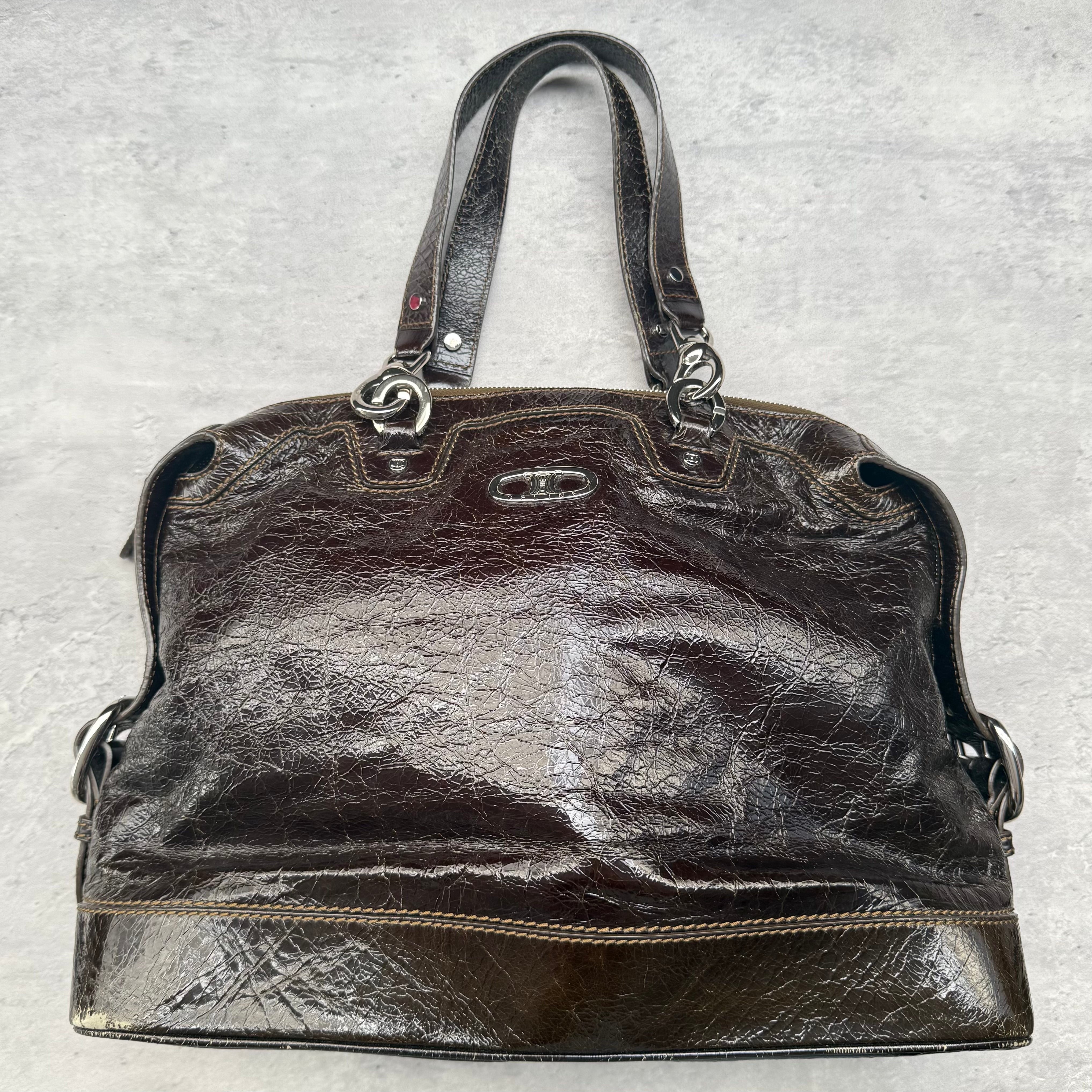Celine 2007 Crinkled Patent Leather Shoulder Bag in brown with silver-tone hardware and Celine monogram interior lining.