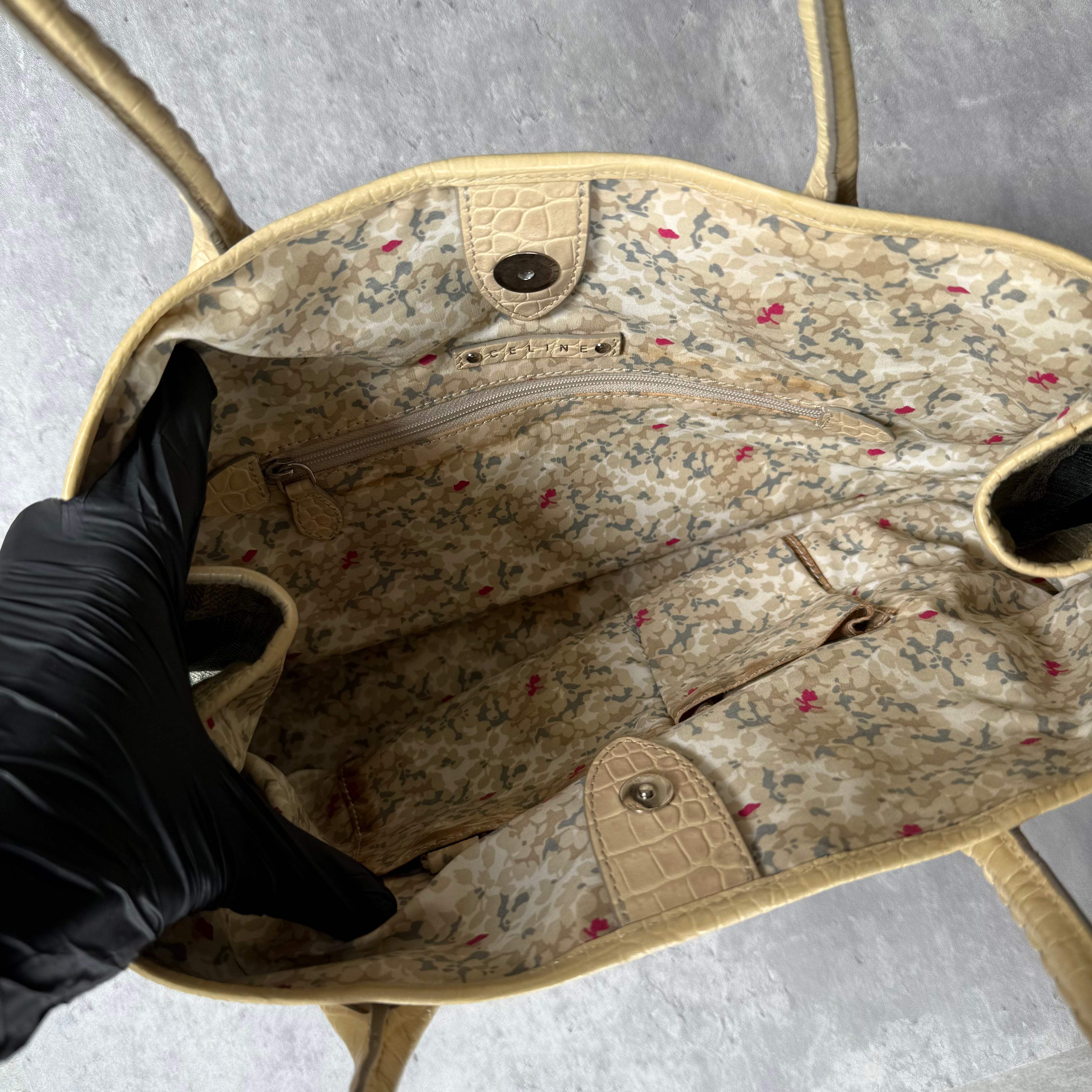 Celine Macadam Gradient Denim Shoulder Bag with beige leather trim, logo print, floral interior lining, and dual handles.