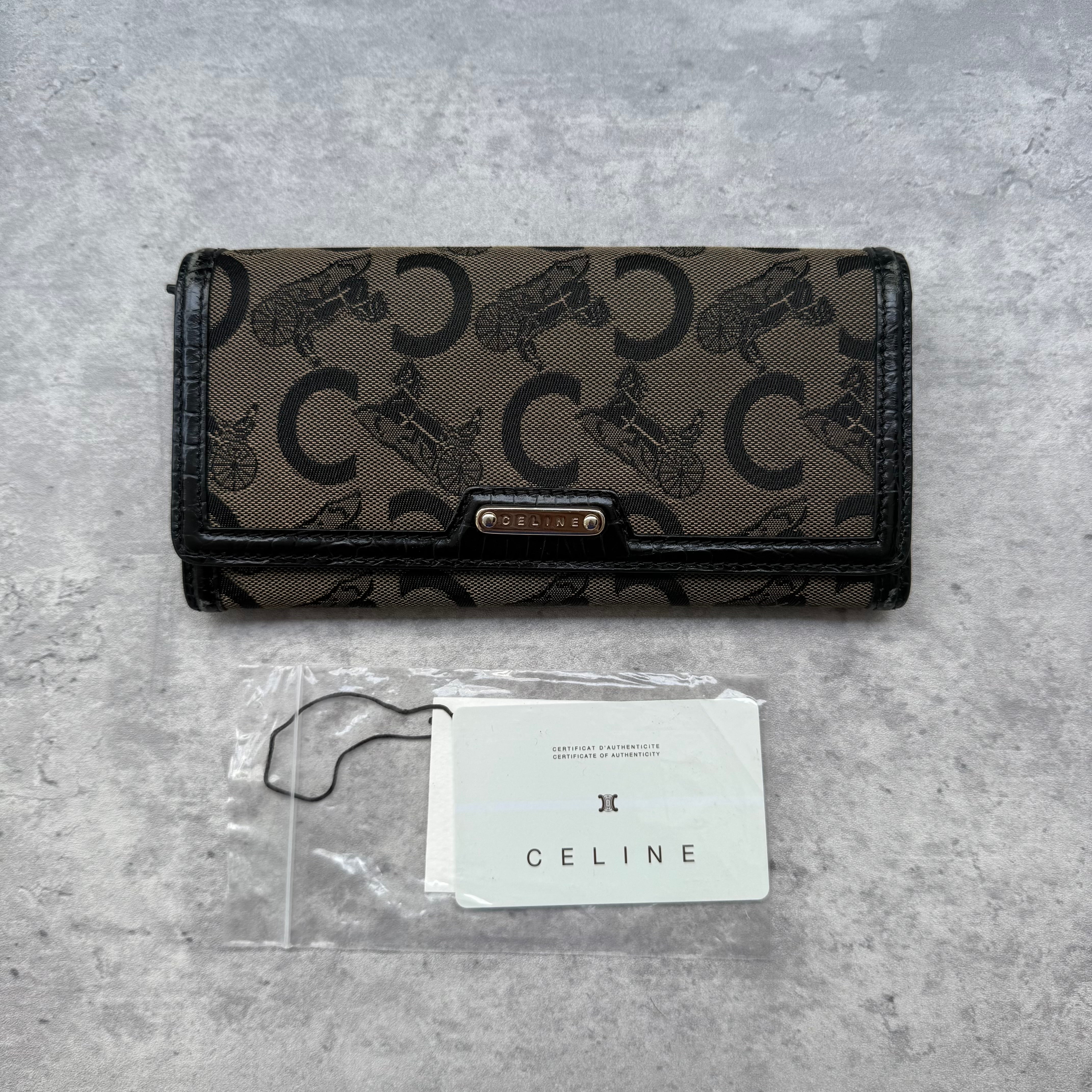 Celine Macadam Horse Carriage Long Wallet Brown, featuring coated canvas with black leather trim and spacious compartments.
