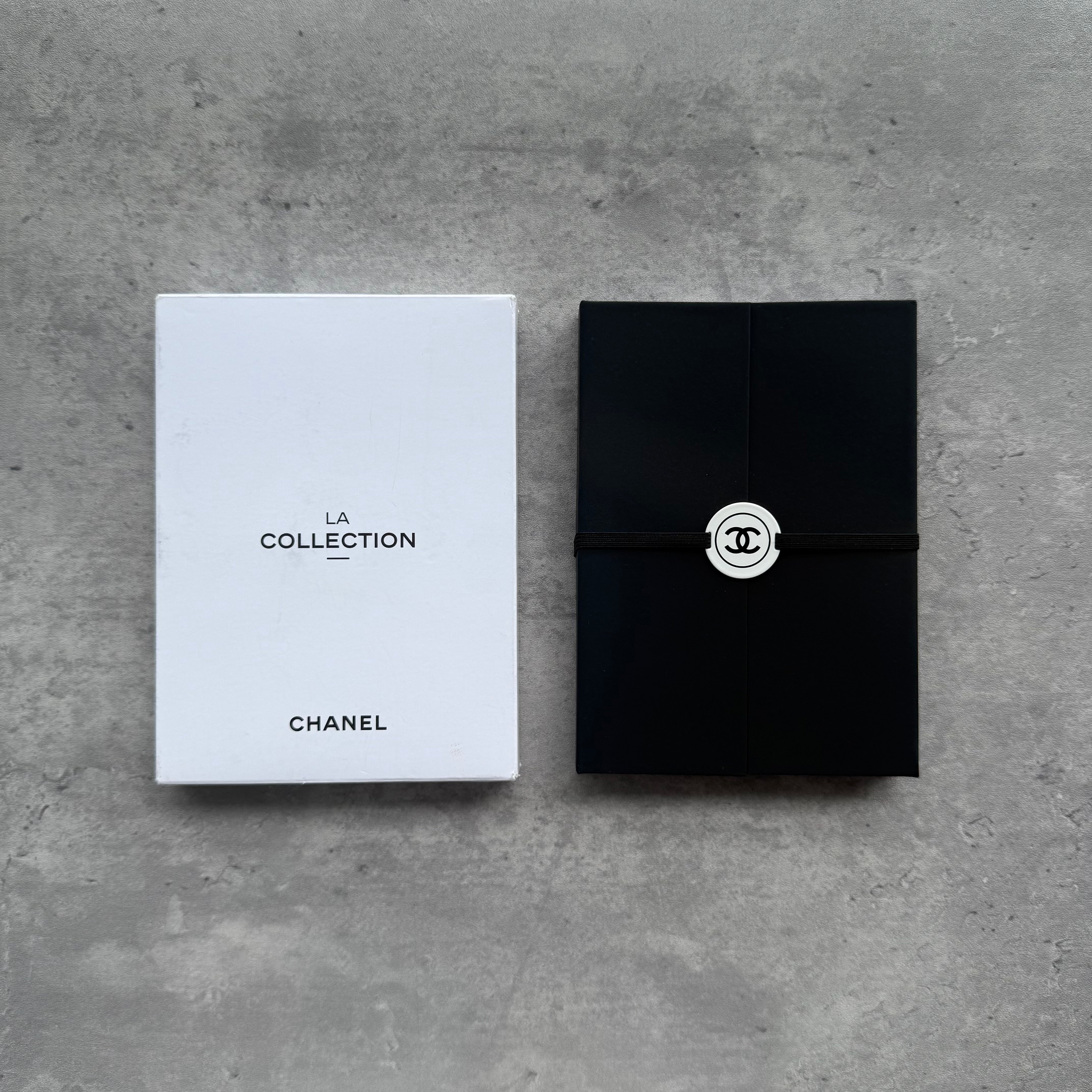 Chanel La Collection Novelty Book Stationery Set with black fold-out case, notepad, and multicolored compartments