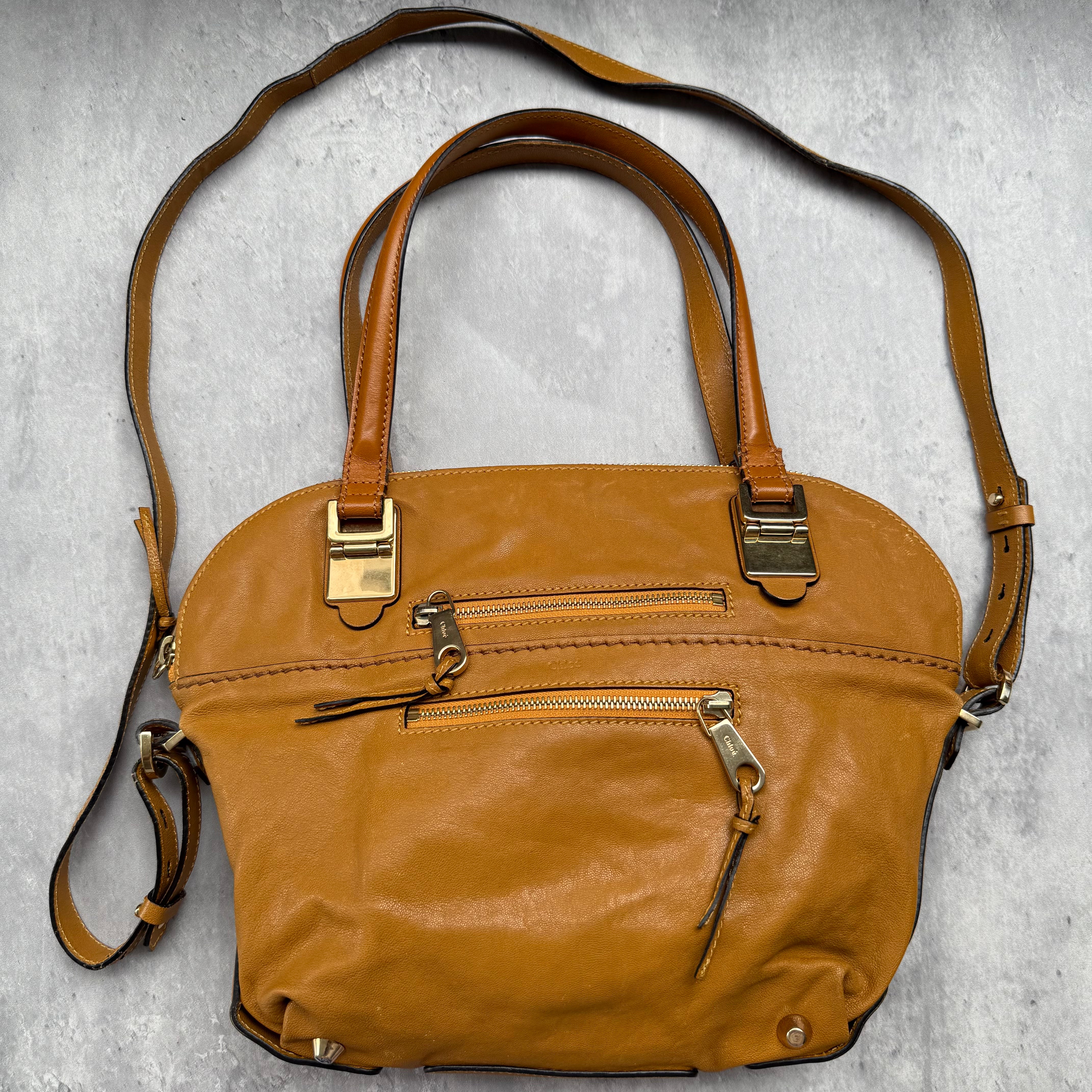 Chloé 2Way Angie Hobo Shoulder Bag in brown leather with gold-tone hardware and red interior lining.