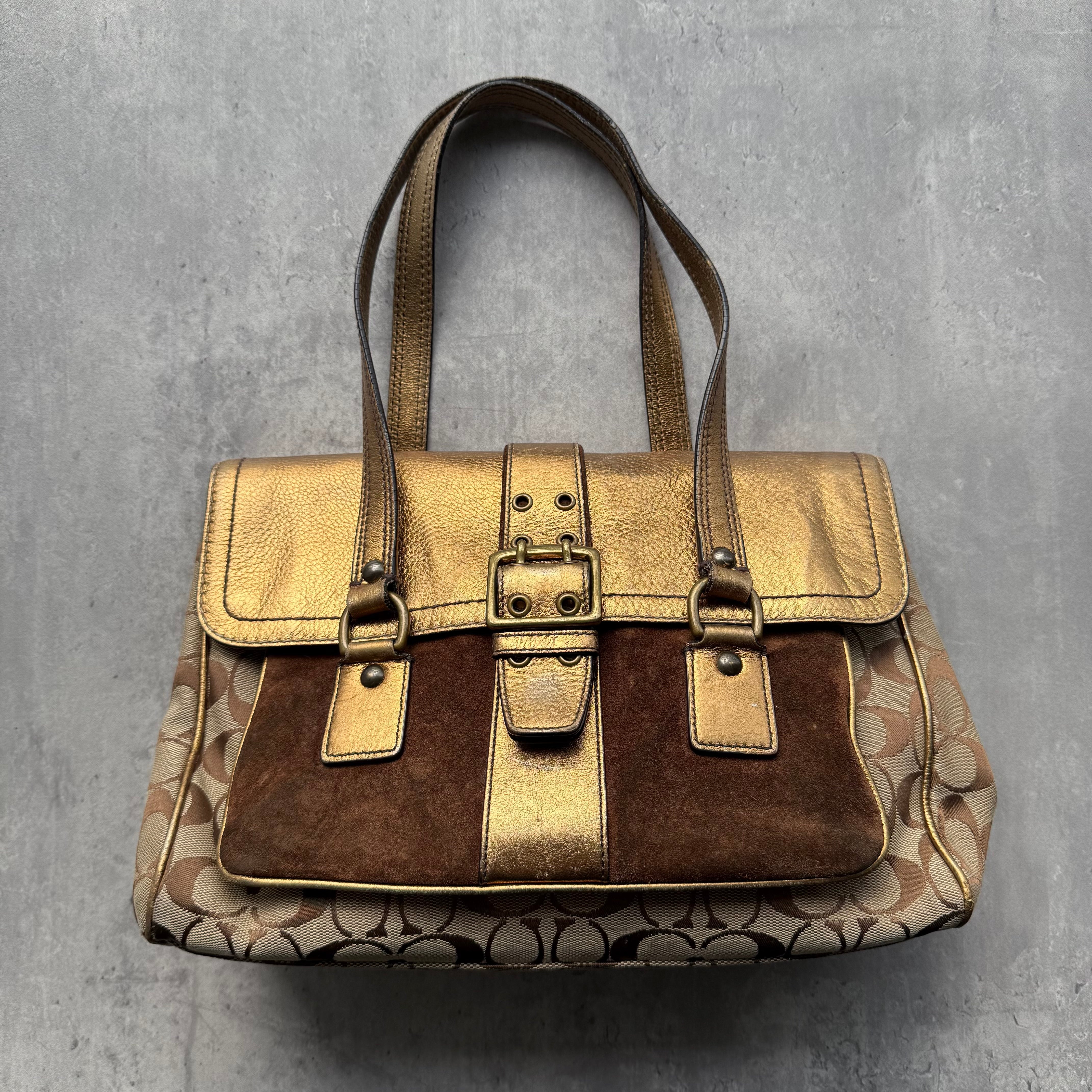 Coach 1498 Special Edition Fall 2004 Shoulder Bag in beige jacquard with gold leather trim and brown suede panels.