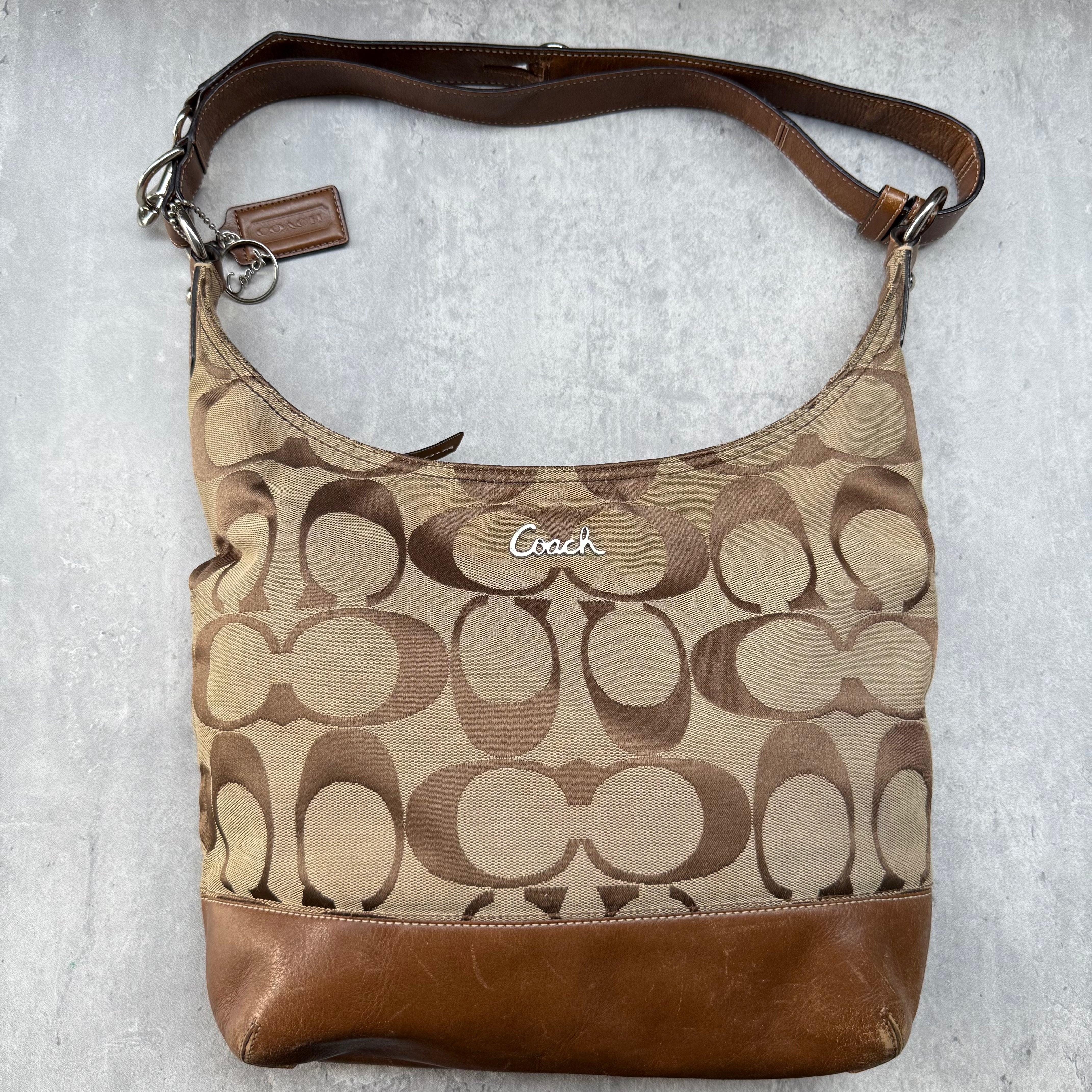 Coach 2Way Duffle Bleecker Hobo Shoulder Bag in beige and brown signature canvas with lilac interior and silver-tone hardware.