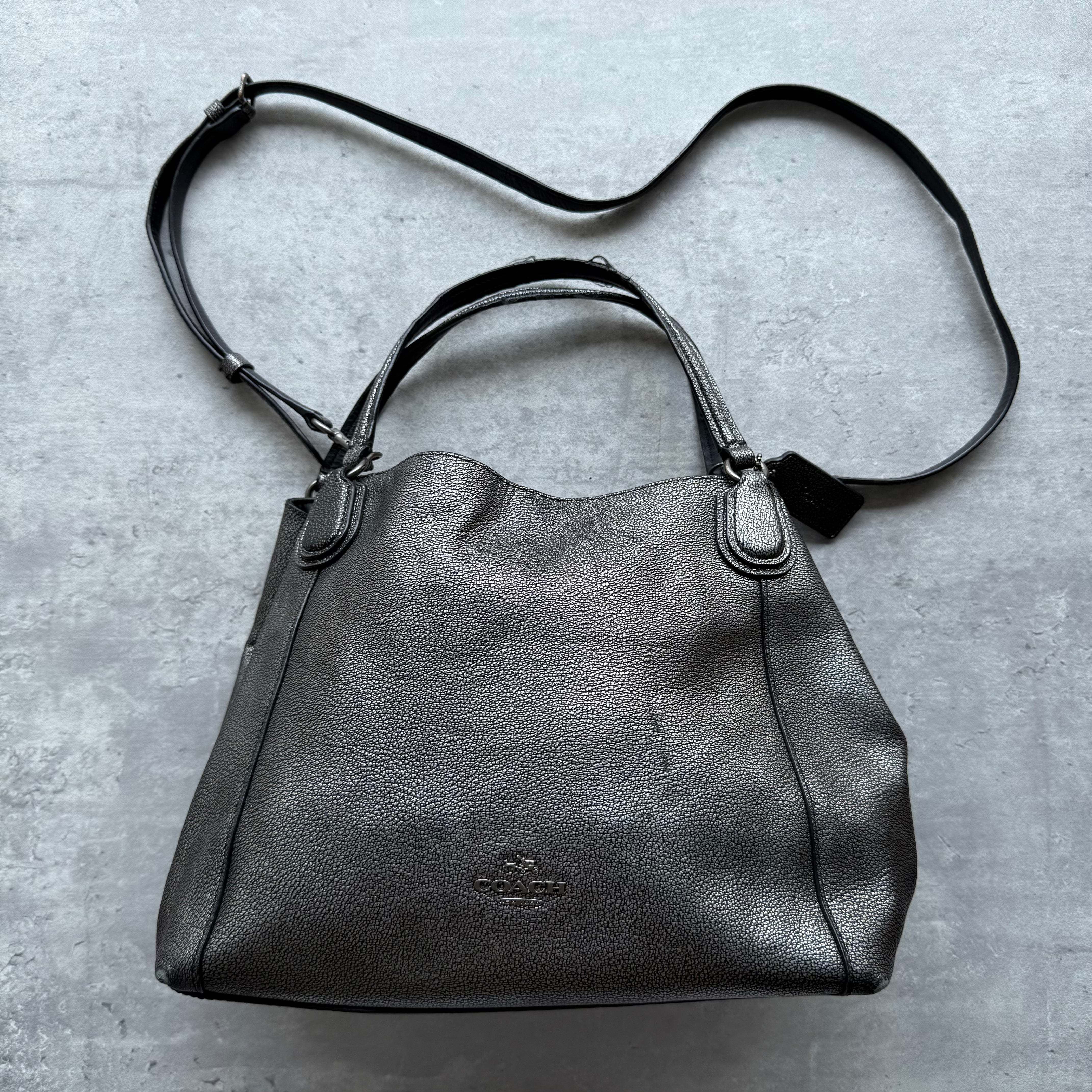 Coach 2Way Edie Shoulder Bag in black pebbled leather with dual handles and detachable crossbody strap.