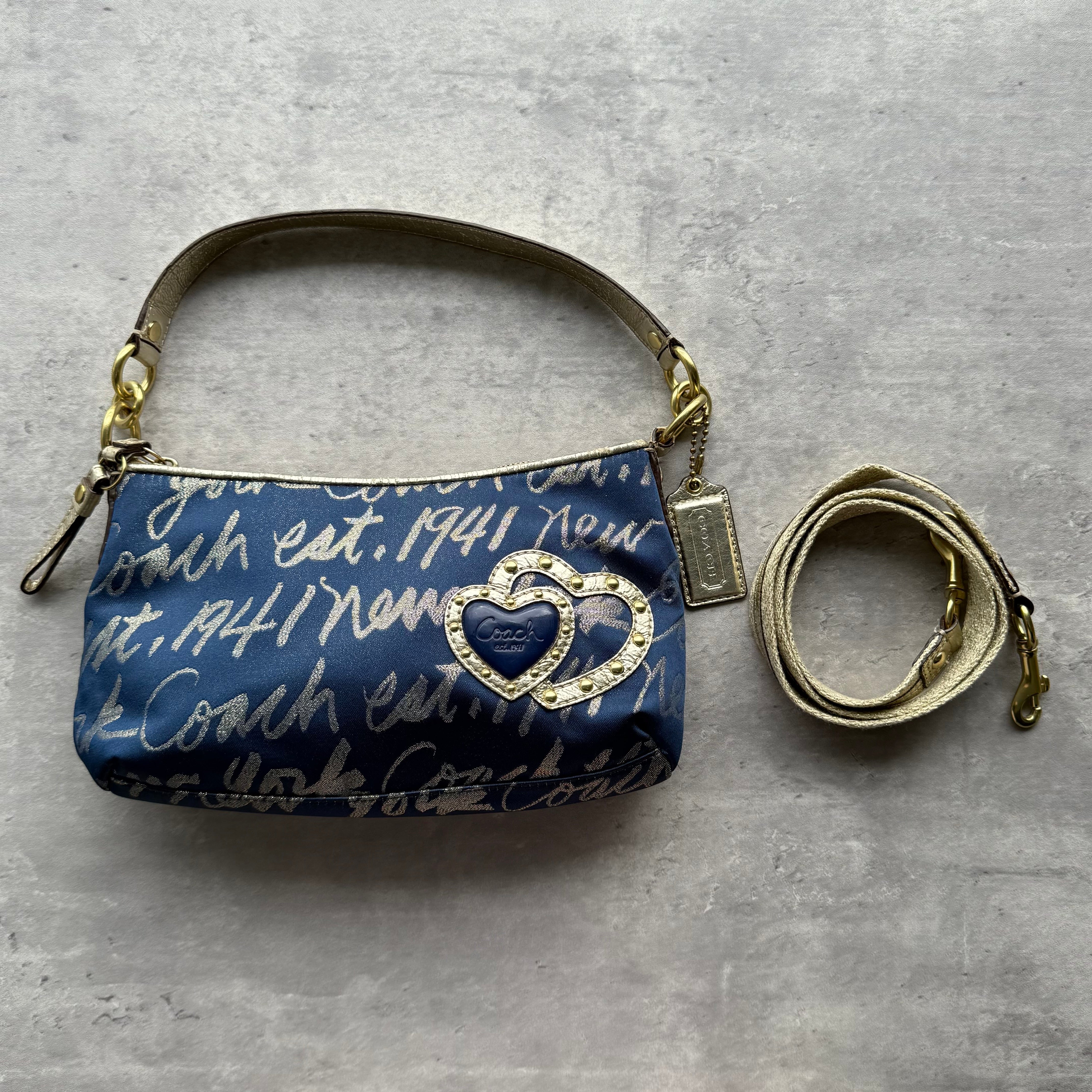 Coach 2Way Heart Shoulder Bag in blue with gold-tone hardware, featuring script canvas design and detachable strap.