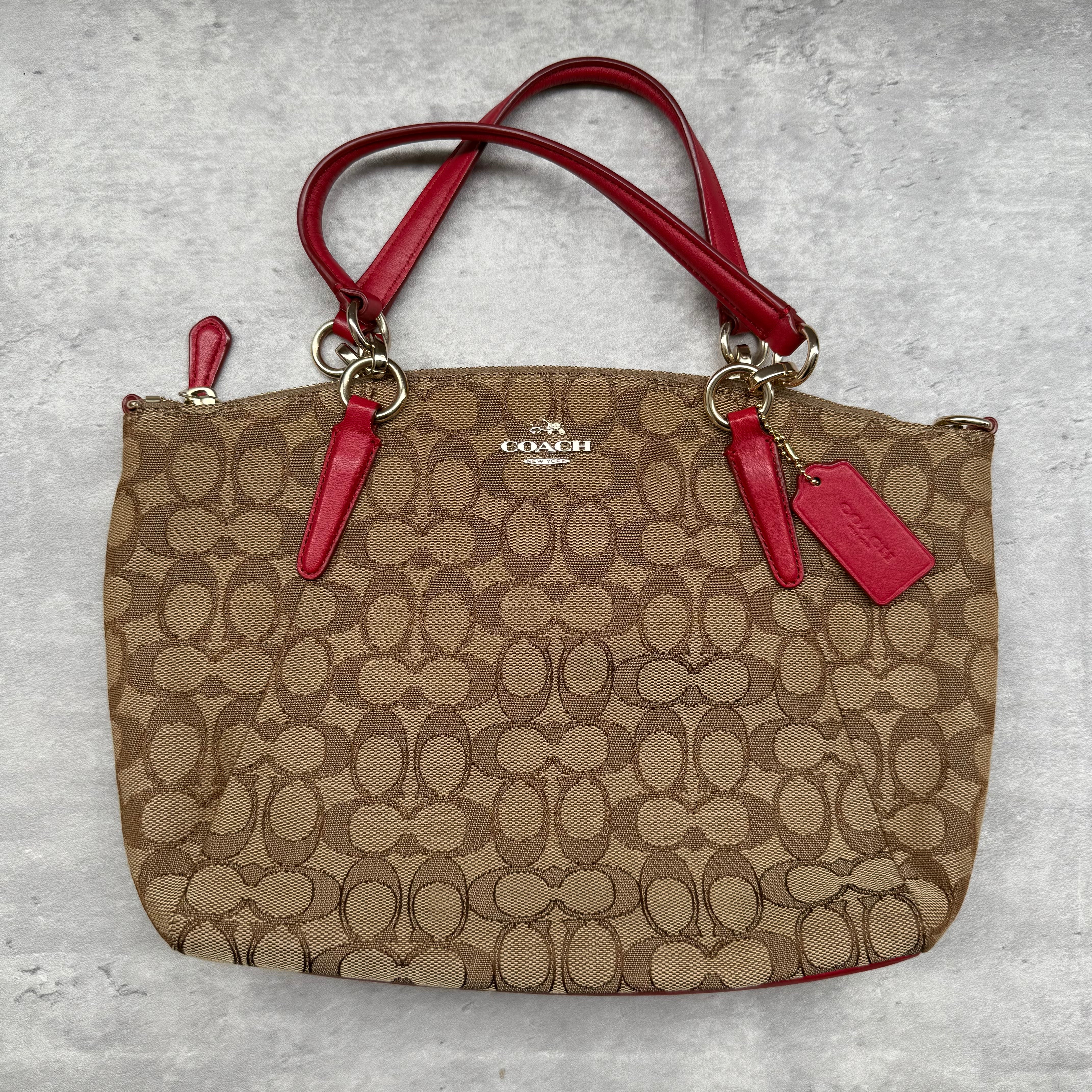 Coach 2Way Kelsey Shoulder Bag Beige/Red with signature canvas, red leather accents, gold-tone hardware, and dual carry options