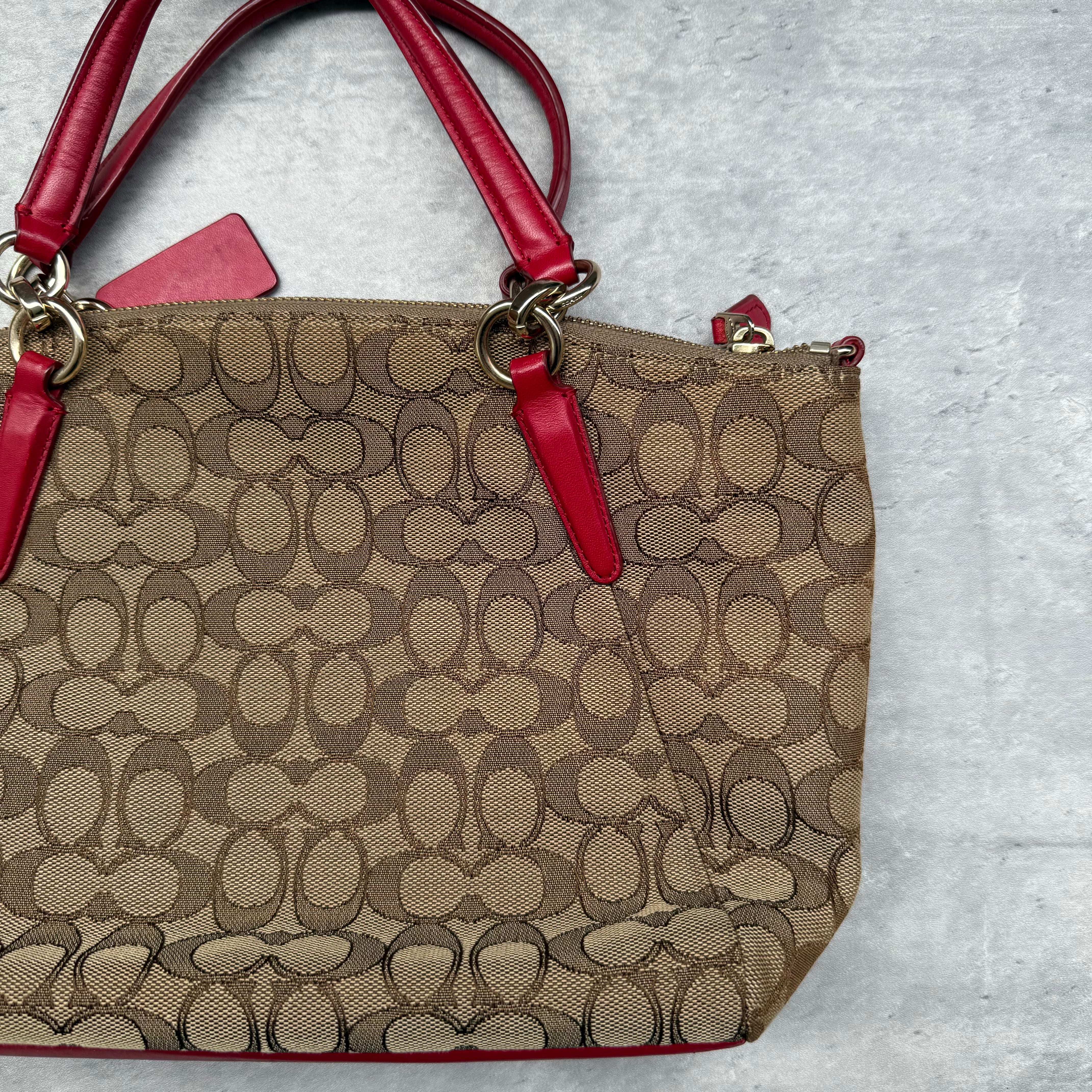 Coach 2Way Kelsey Shoulder Bag Beige/Red with signature canvas, red leather accents, gold-tone hardware, and dual carry options